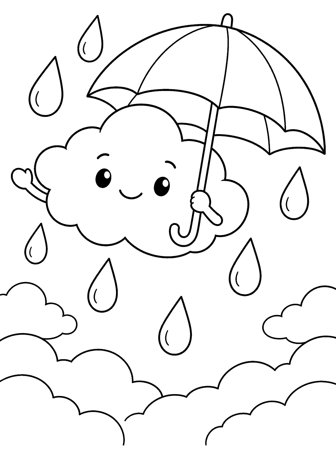 Friendly smiling cloud character holding a large open umbrella among raindrops and smaller clouds