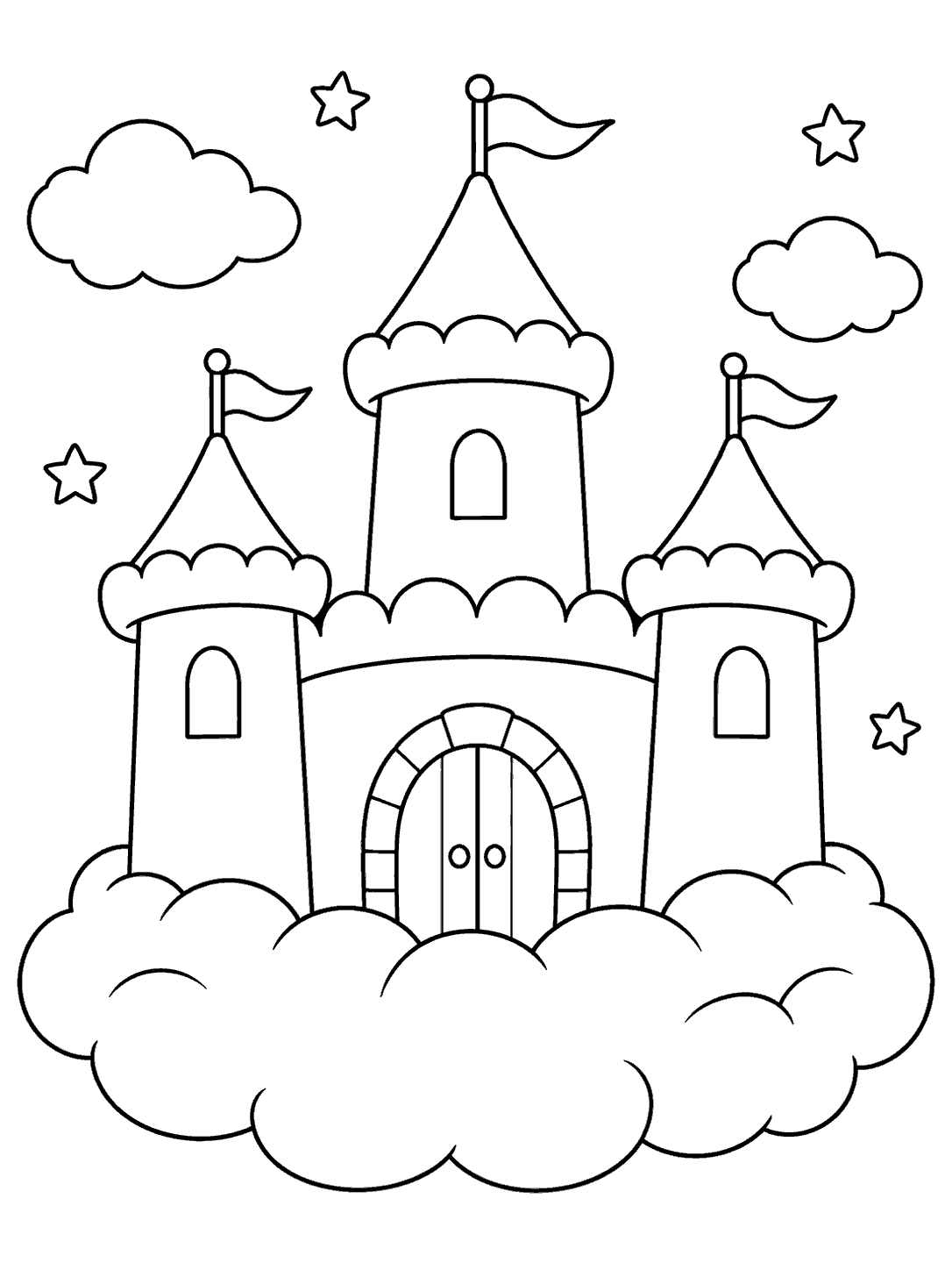 Three-tower castle with rounded parapets and a central doorway perched on a large cloud, with two smaller clouds and stars.