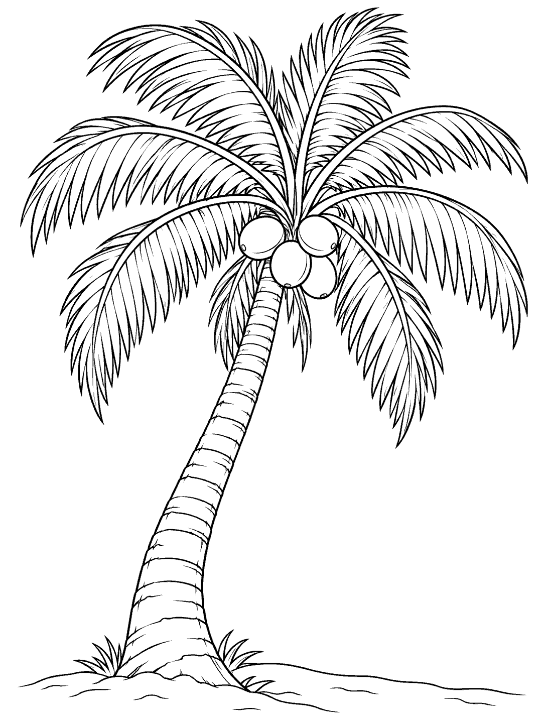Black line art of a curved coconut palm with coconuts, broad fronds, and a simple ground line on a white coloring page.