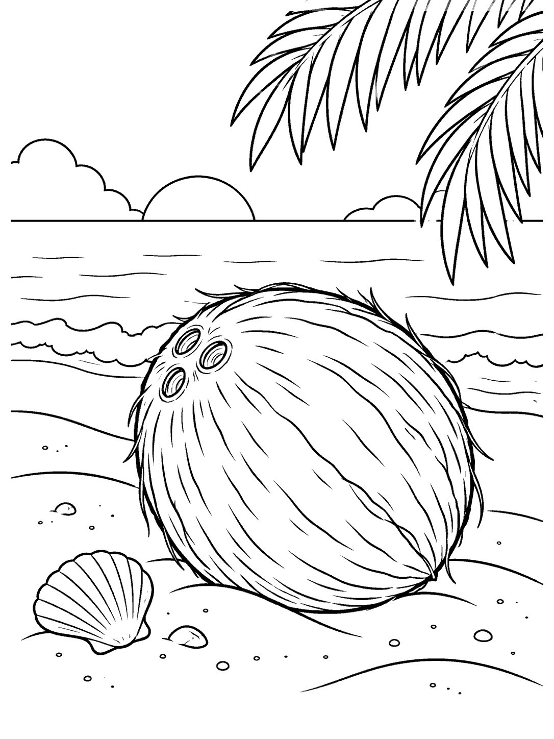 Coconut coloring page showing a large whole coconut on a beach with shells, waves, a setting sun, and palm leaves.