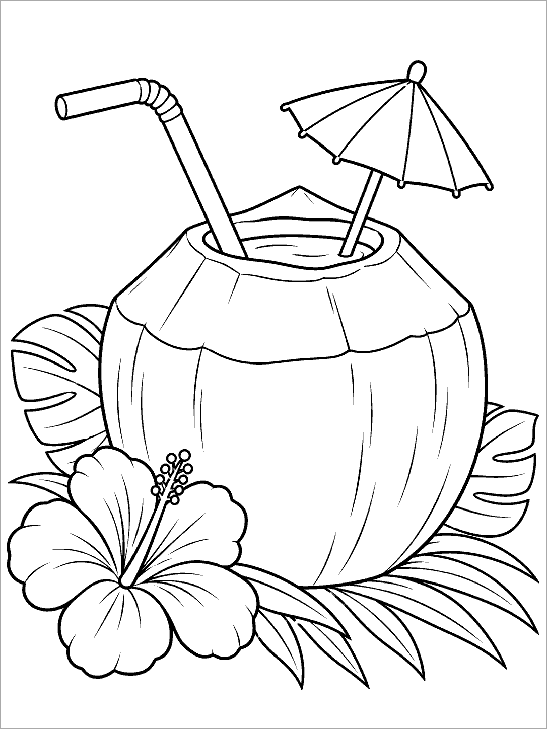 Coconut drink with straw and umbrella coloring page