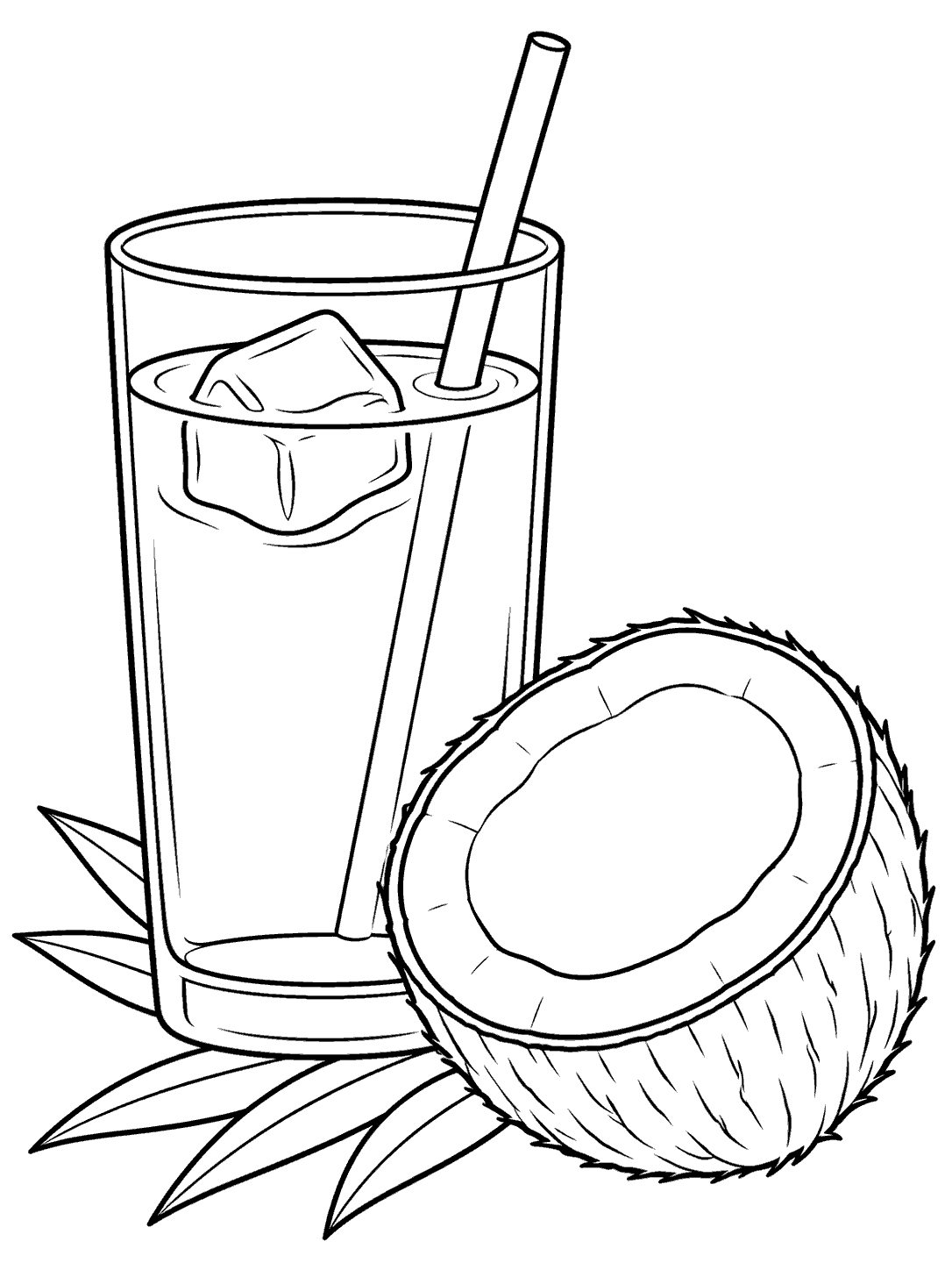 Black-and-white coconut water glass and coconut half coloring page