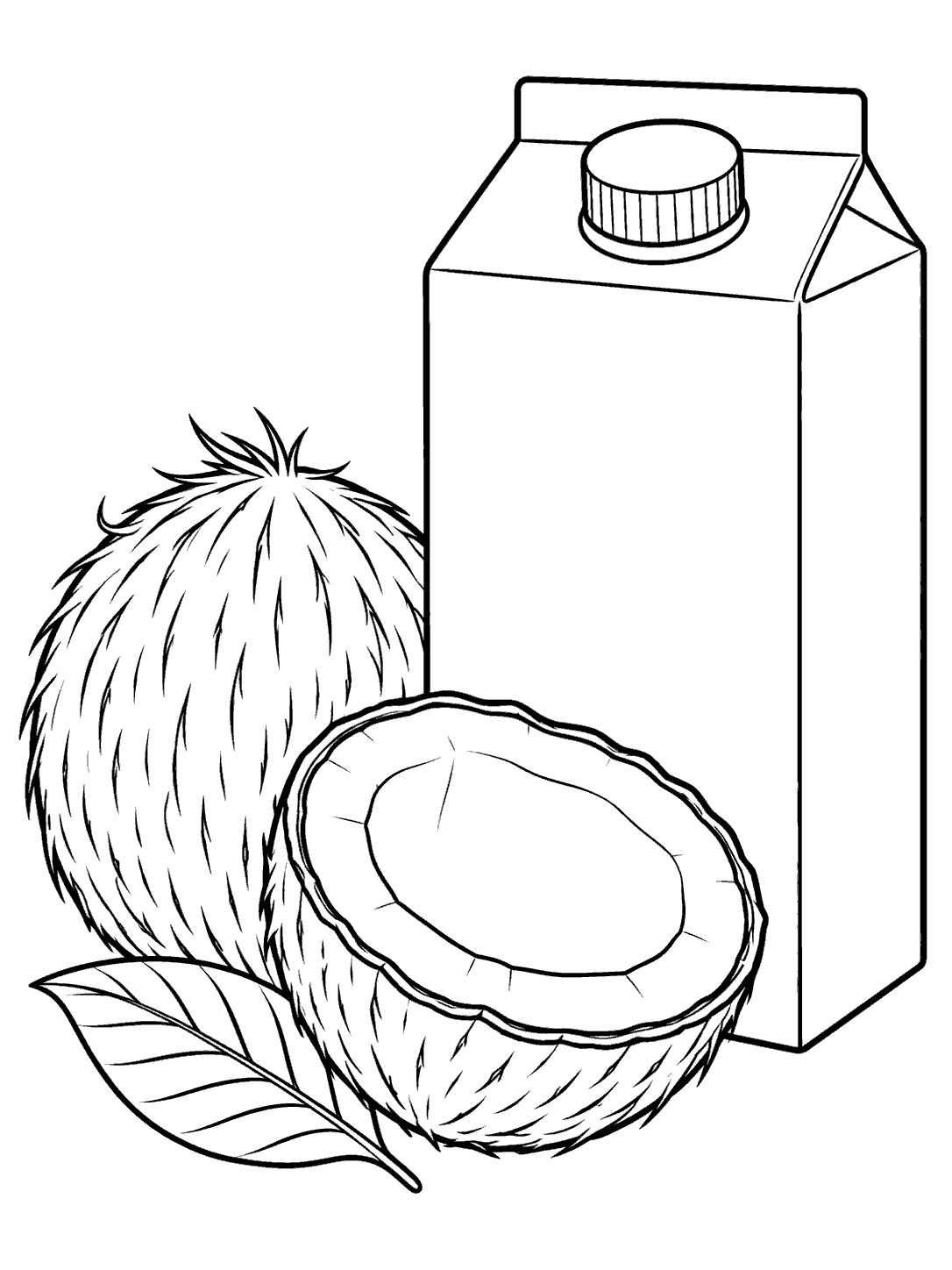 Black outline coloring page of a blank coconut milk carton beside a whole coconut, a coconut half, and a leaf.