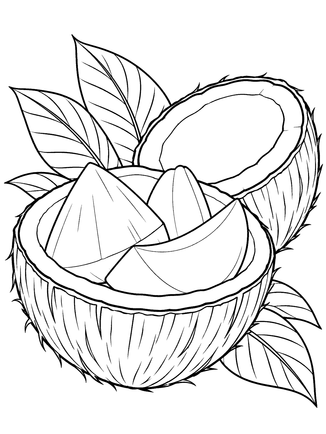 Black line art of a coconut bowl filled with three fruit pieces beside a second coconut half, with tropical leaves in the background.