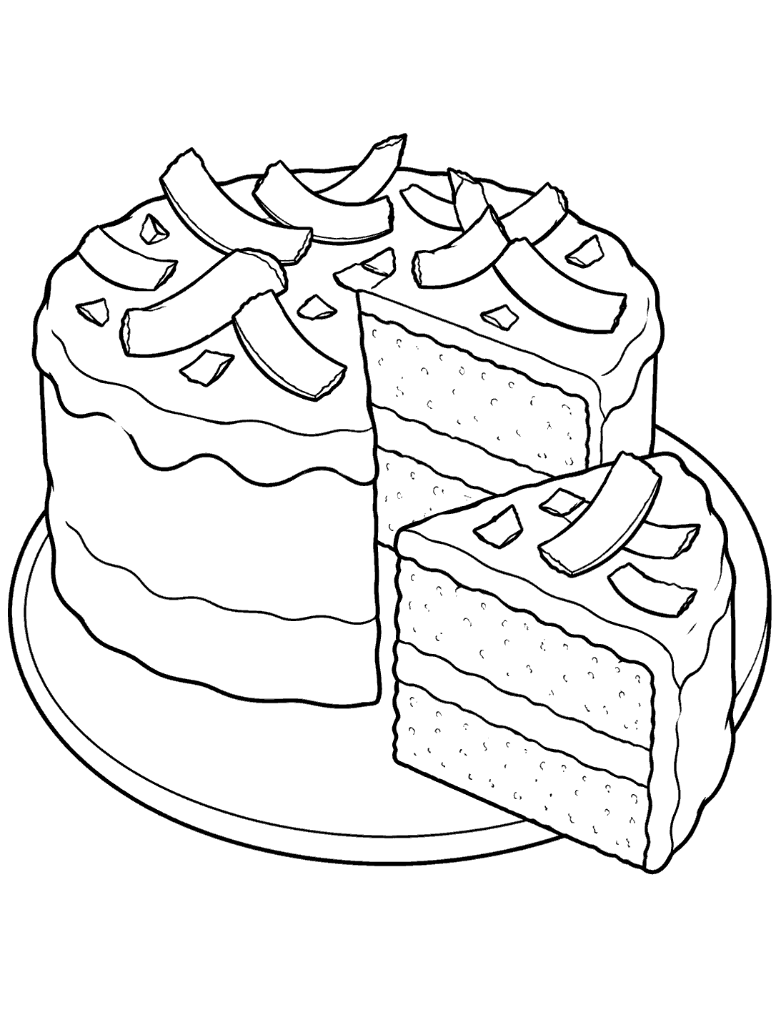 Black outline coloring page of a coconut cake with a slice on a plate.