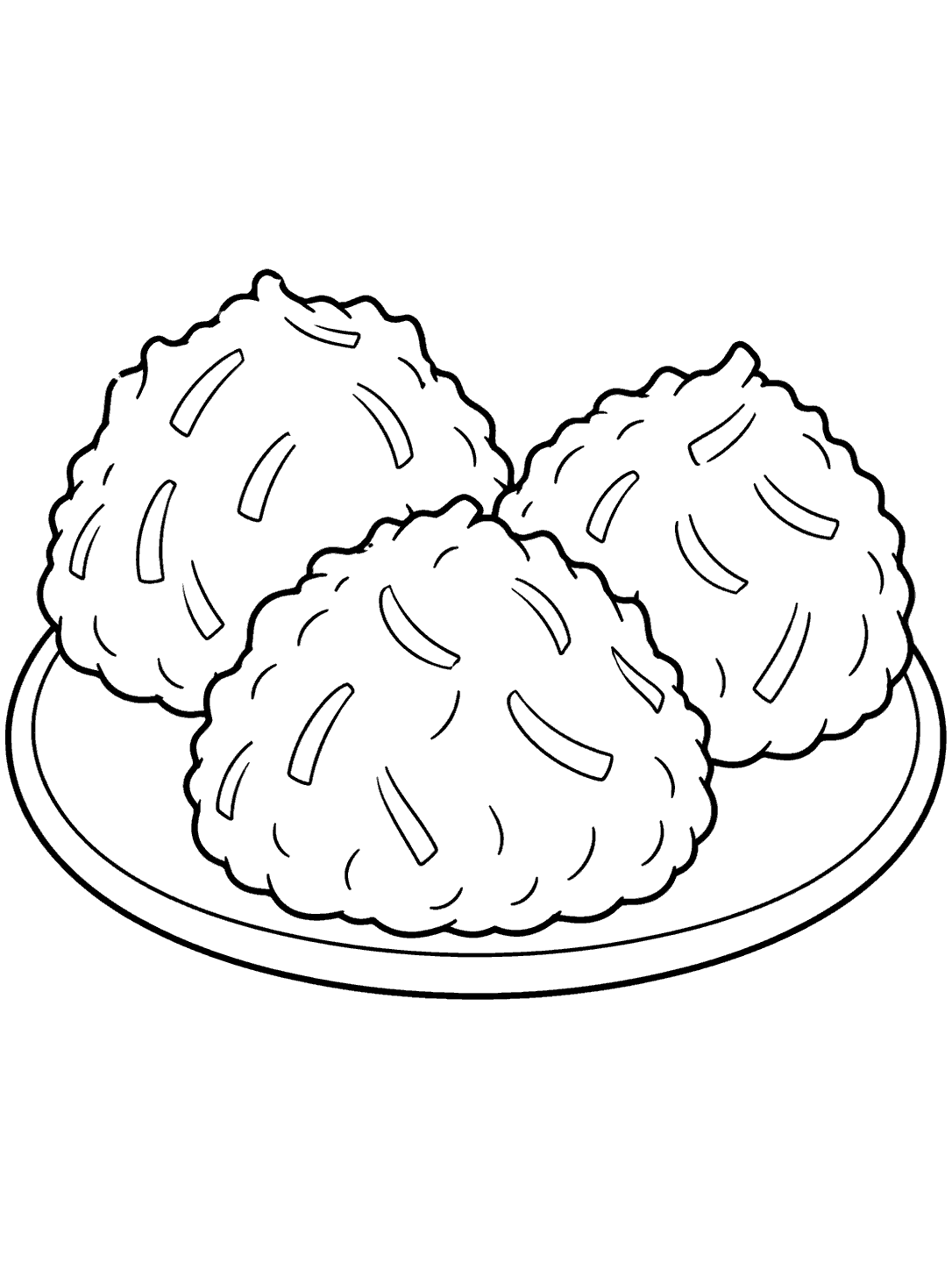 Three coconut macaroons with curved coconut marks arranged on a plain plate in a black-and-white coloring page.