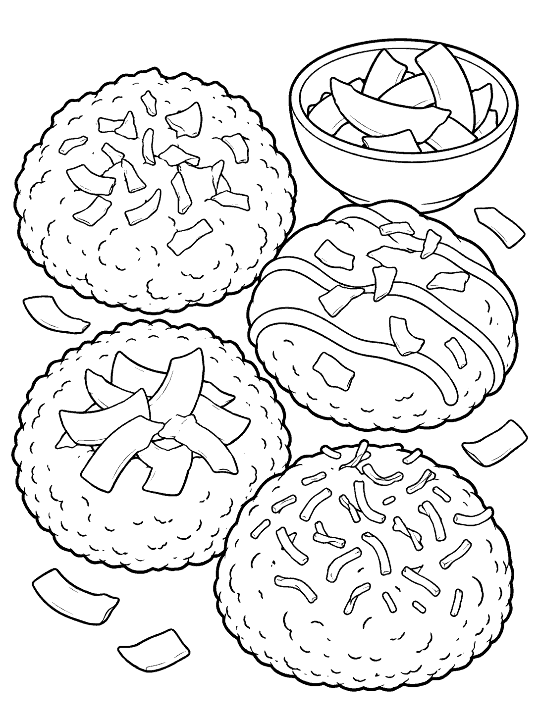 Black outline coloring page showing four round coconut cookies with varied toppings beside a bowl of coconut flakes.