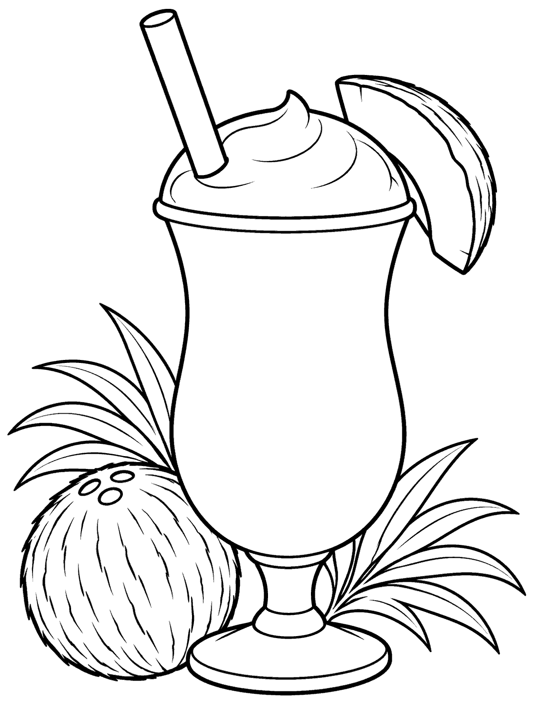 Coconut smoothie glass with a wide straw, coconut wedge, whole coconut, and tropical leaves in a black-and-white coloring page.
