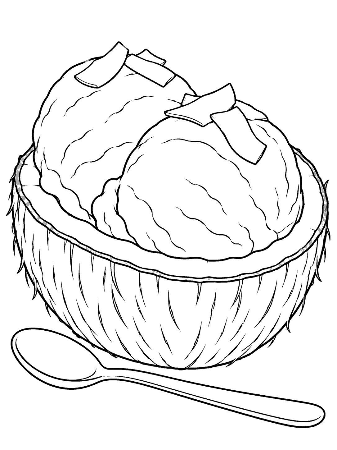 Black-and-white coloring page showing two scoops of ice cream with broad coconut flakes in a textured coconut shell and a spoon below.