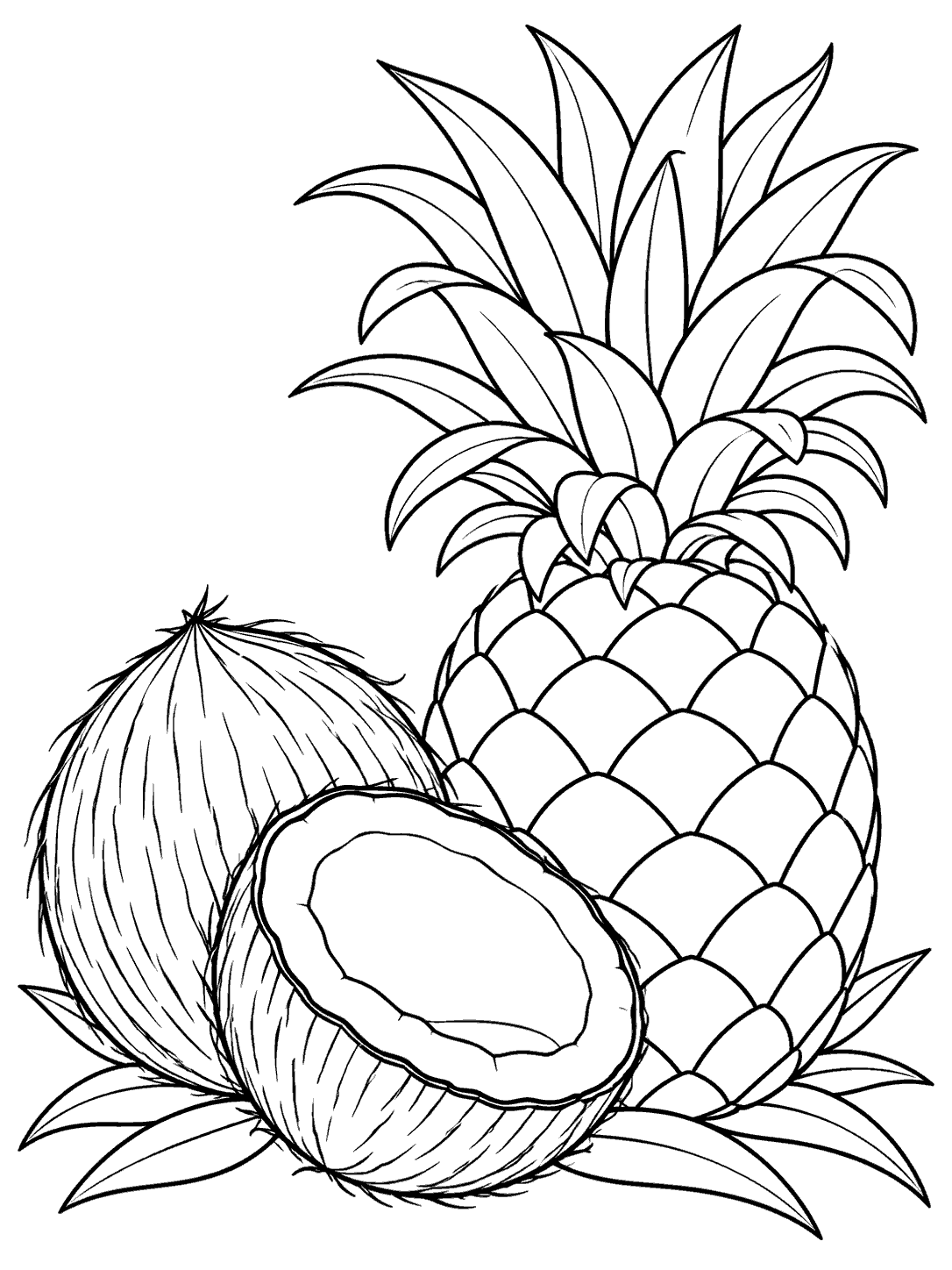 Black outline coloring page showing one whole coconut, one coconut half, and a large pineapple with a leafy crown.