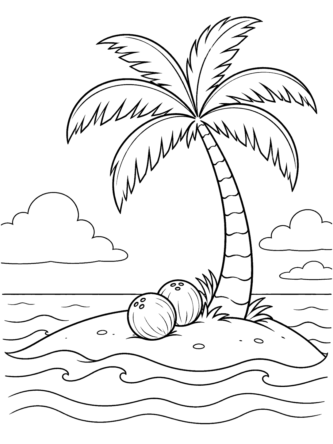 Black outline coloring page of a coconut palm, two coconuts, and a small island surrounded by waves.