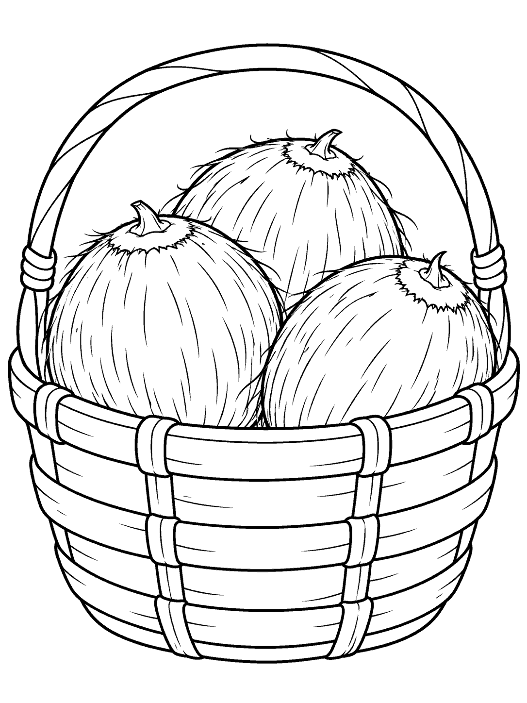 Coloring page showing three coconuts in a sturdy handled basket.