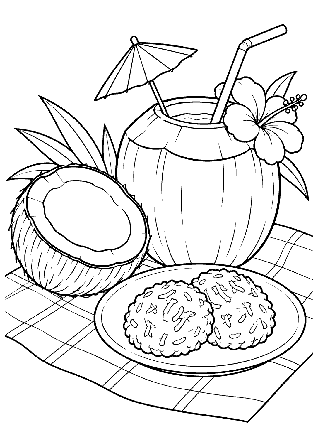 Coconut picnic coloring page with a drink garnished by a flower, coconut half, and two cookies on a plate.