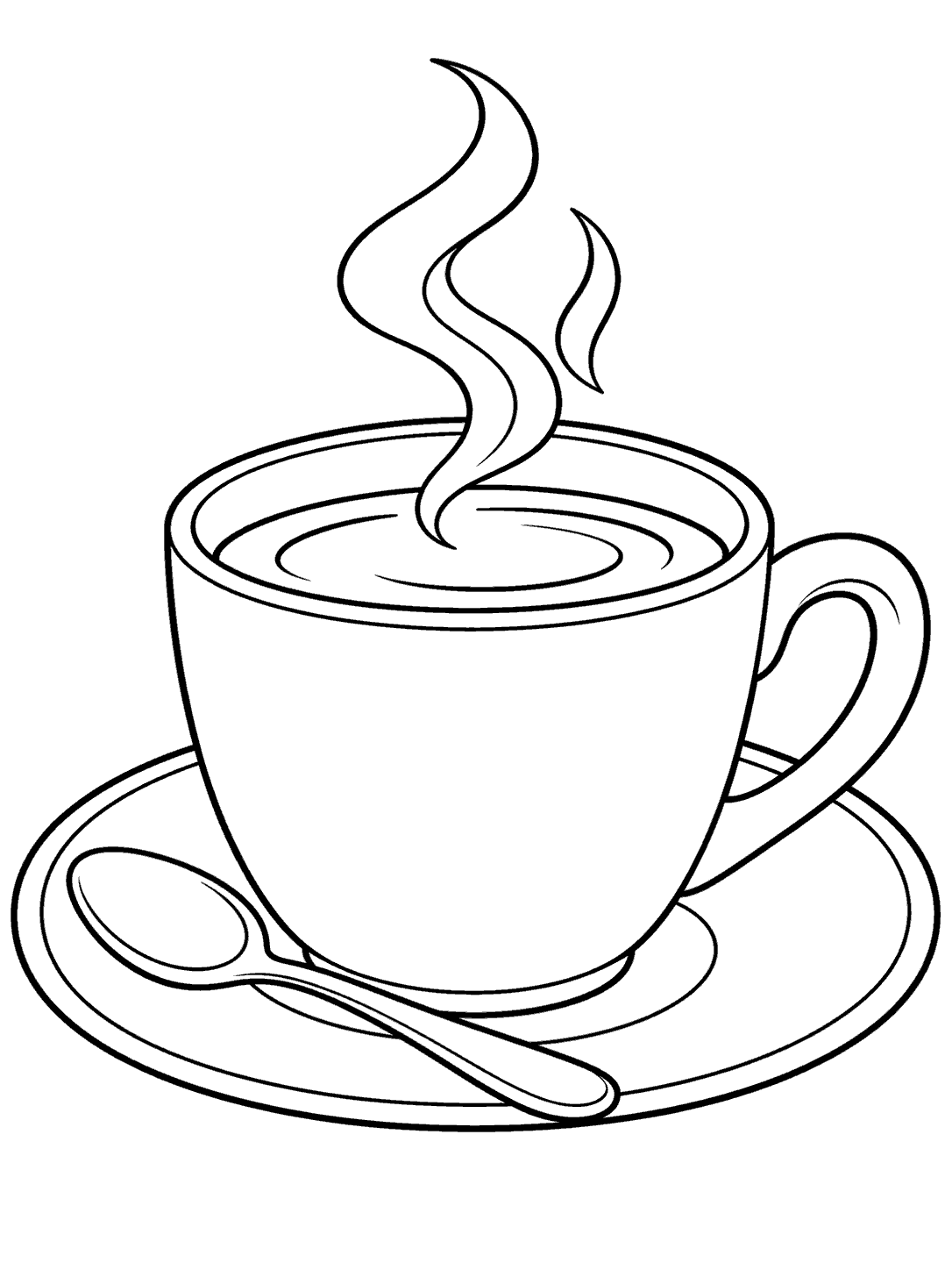 Black-outline coloring page of a classic steaming coffee cup on a saucer with a spoon.