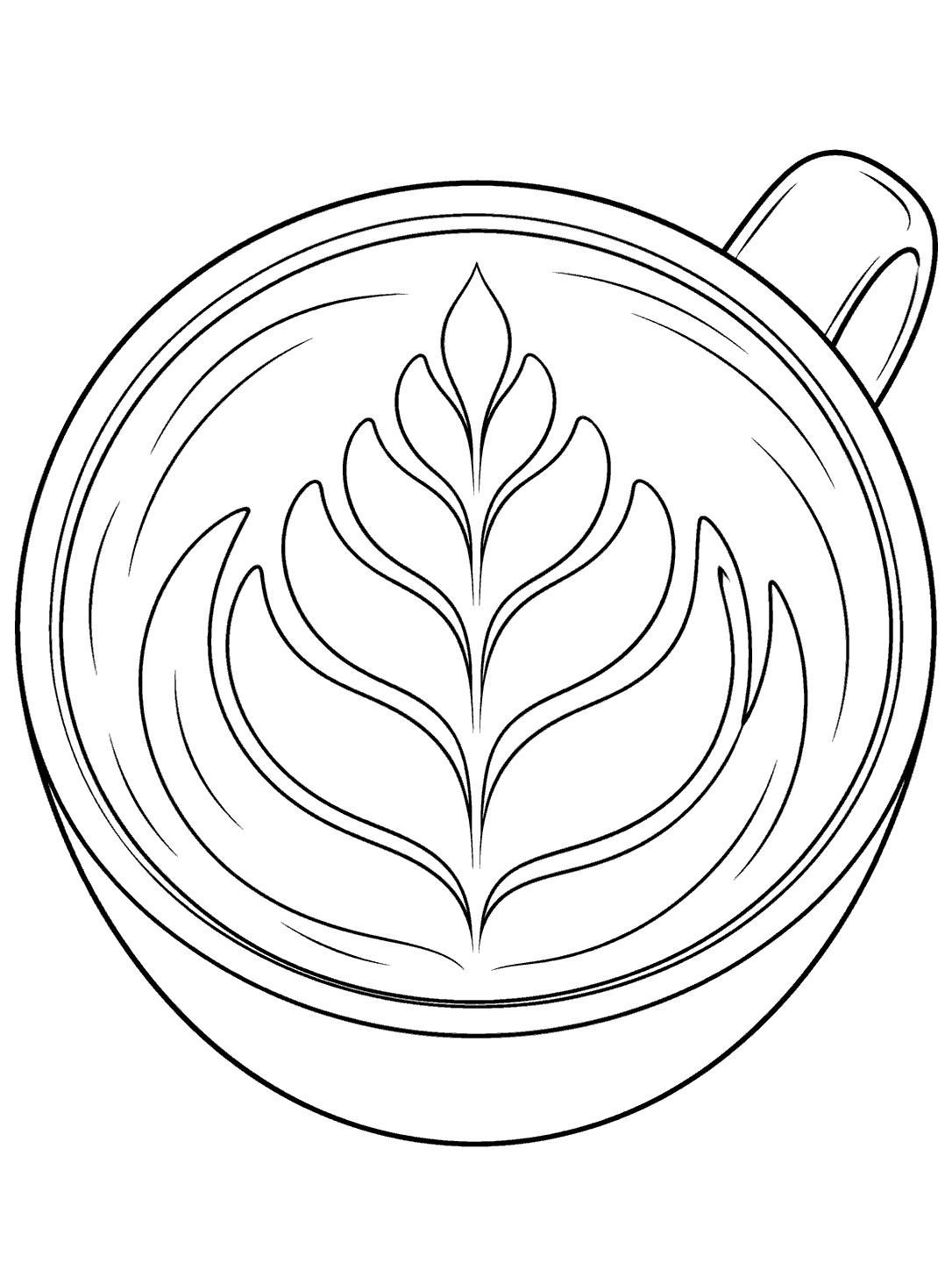 Overhead latte mug coloring page with leaf-shaped latte art