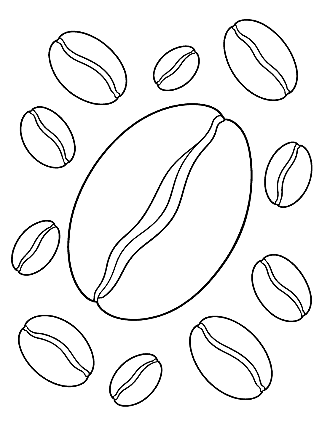Black outline coloring page with one oversized coffee bean in the center and nine smaller grooved beans scattered around it.