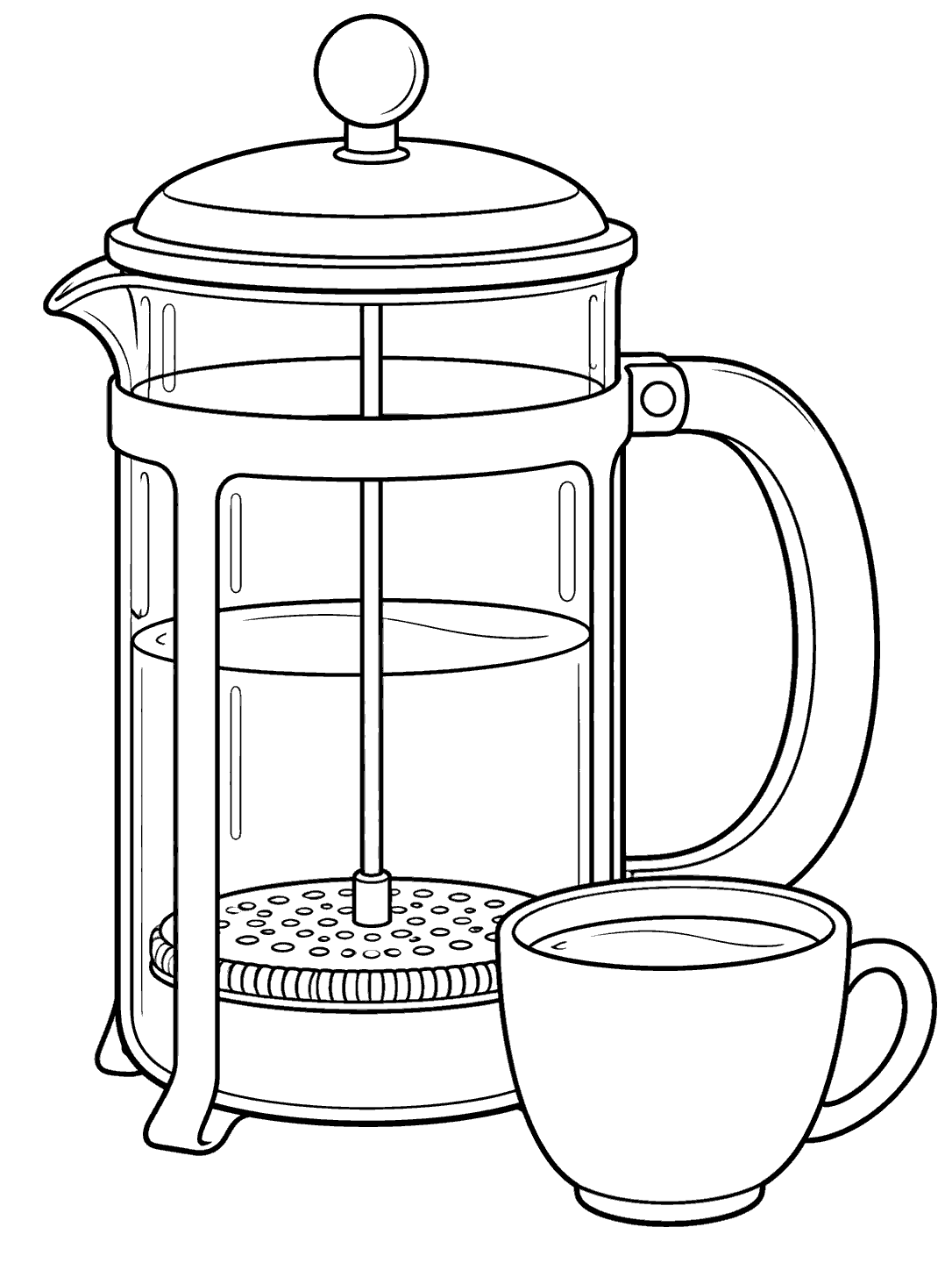 French press with a visible plunger and coffee level, beside a cup, as a black-and-white coloring page.