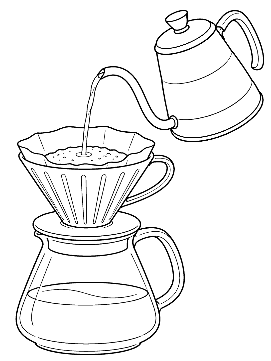 Black-and-white pour-over coffee coloring page with kettle, dripper, and glass carafe