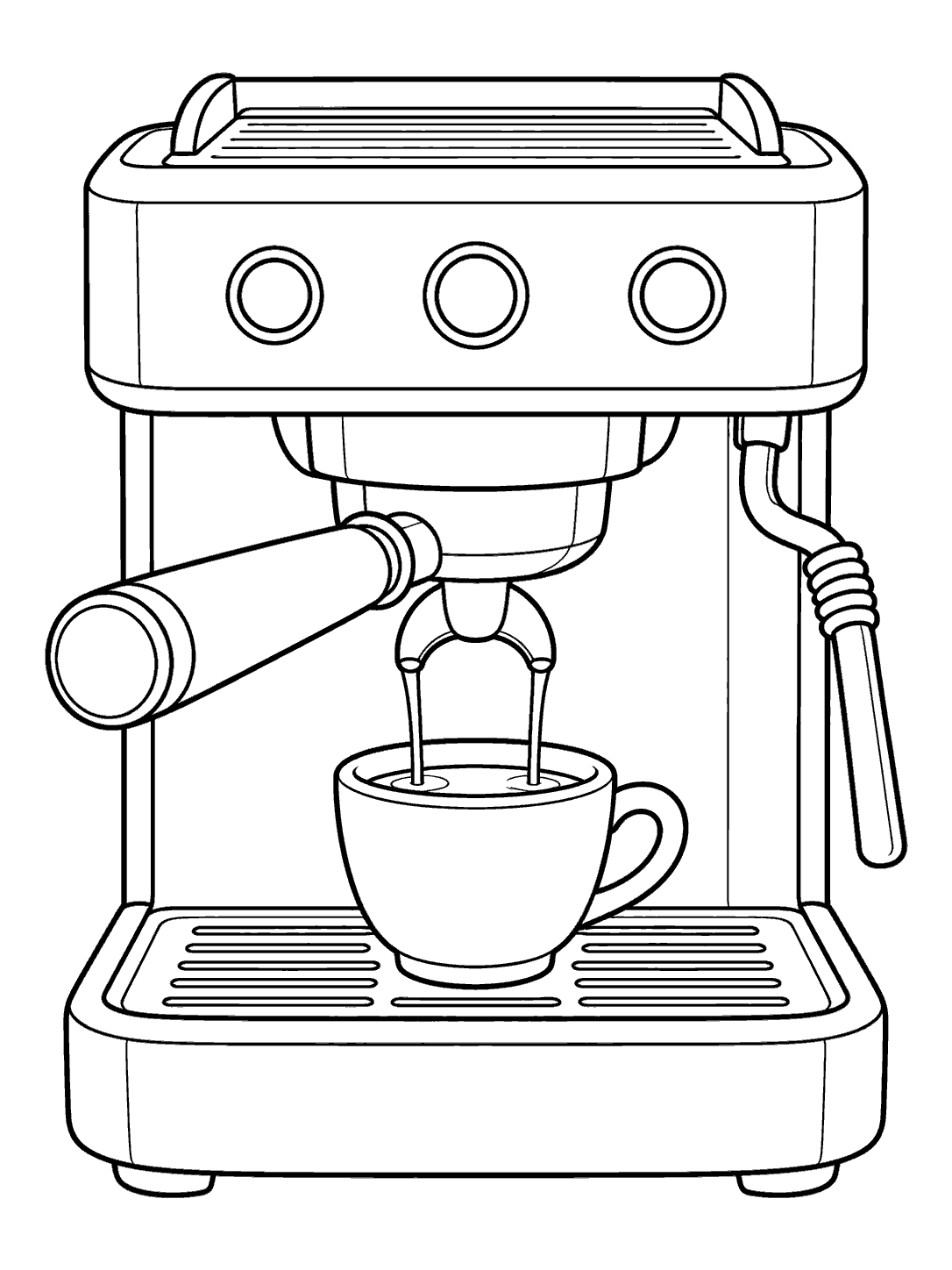 Black outline coloring page of a home espresso machine with a portafilter, three round buttons, steam wand, and cup beneath the spout.