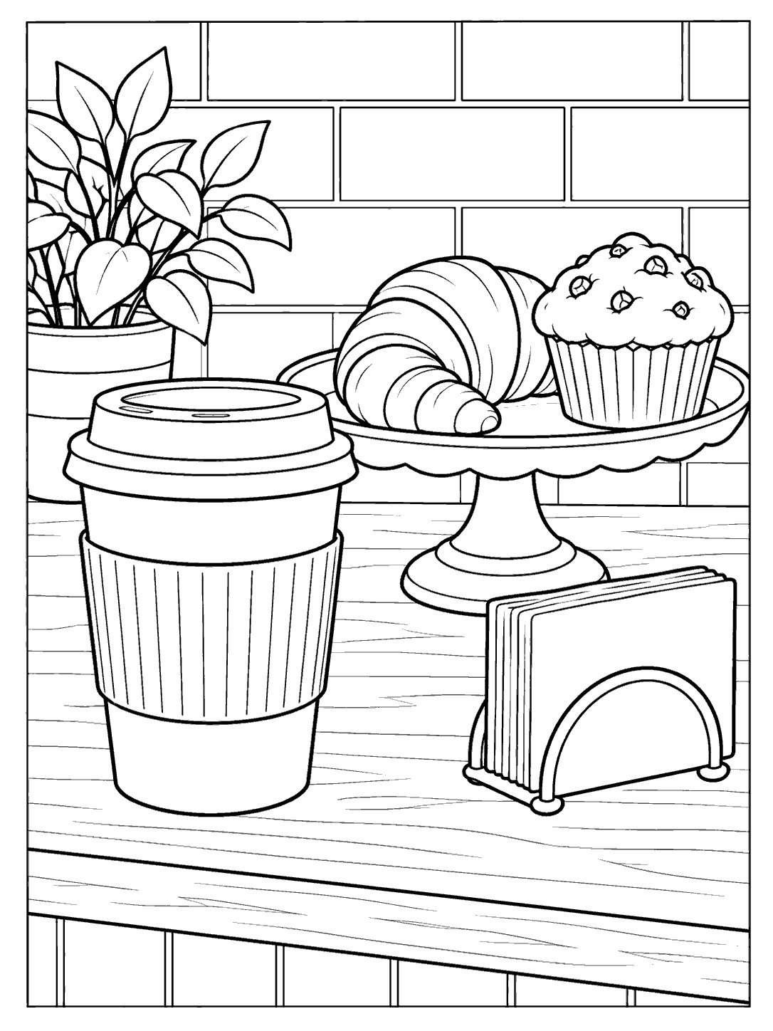 Coffee shop counter coloring page with a takeaway cup, pastry stand holding two pastries, napkin holder, leafy plant, and tiled backdrop.