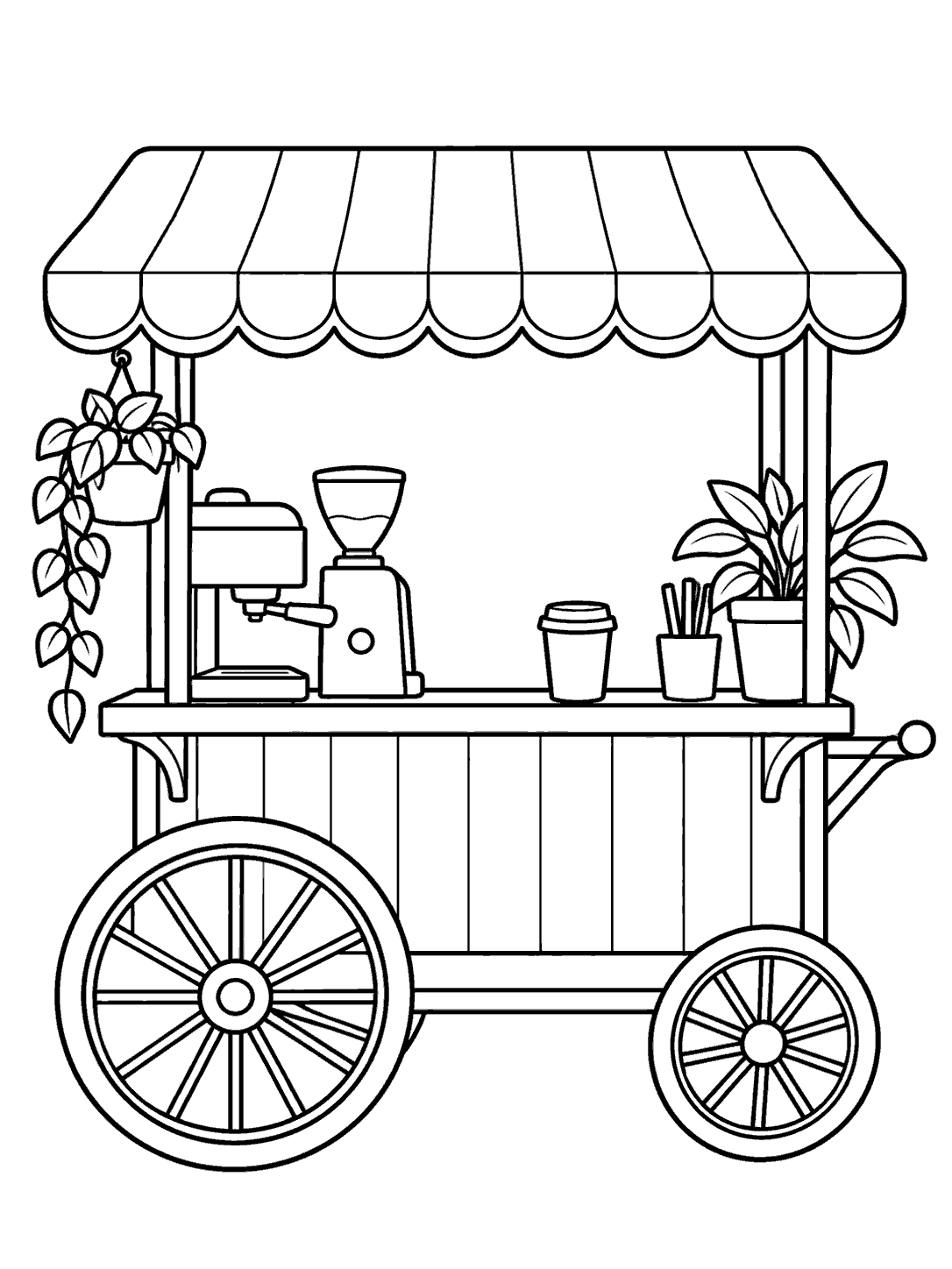 Black-and-white coffee cart coloring page with a canopy, coffee cup, plants, and two large spoked wheels.