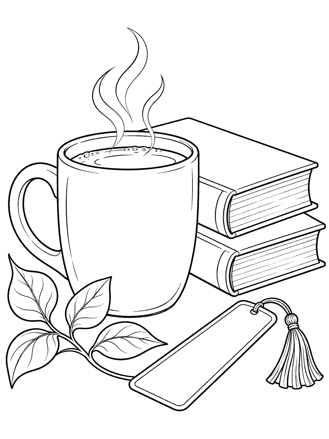 Black and white coloring page of a steaming coffee mug beside two stacked books, leafy sprig, and bookmark.