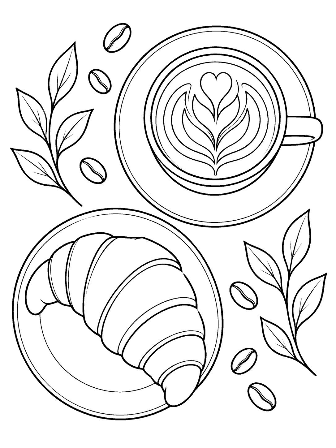 Top-down coloring page with a latte-art coffee cup on a saucer, a croissant on a plate, coffee beans, and leafy sprigs.