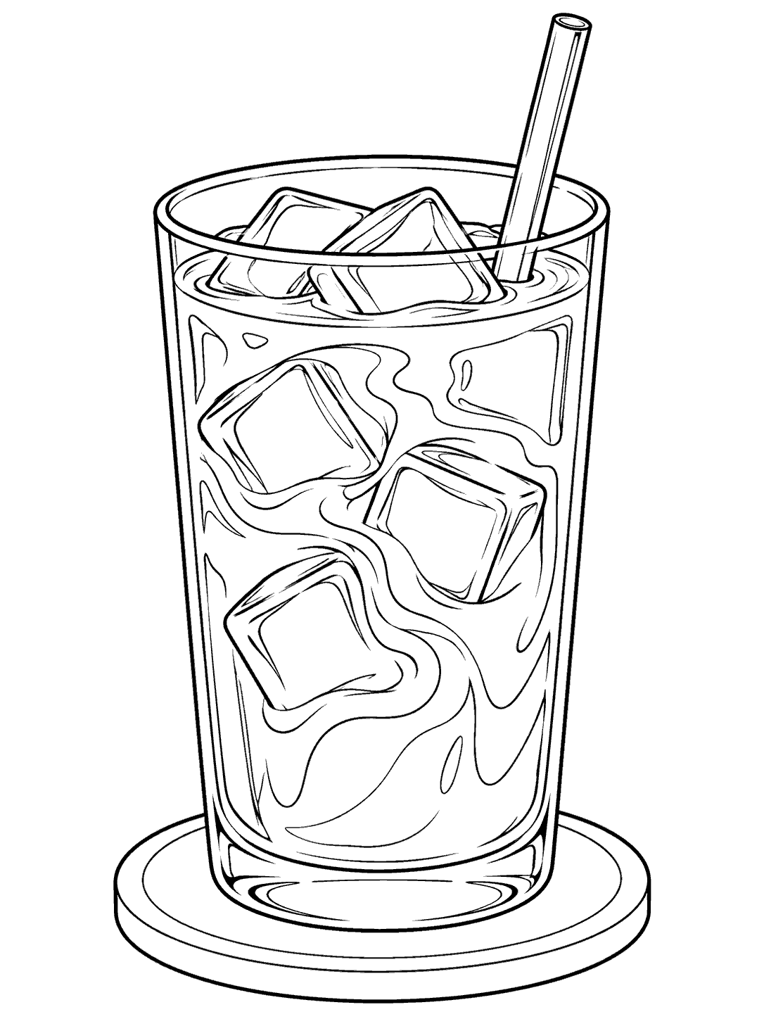 Black outline coloring page of a tall iced coffee glass with a straight straw, ice cubes, and a coaster.