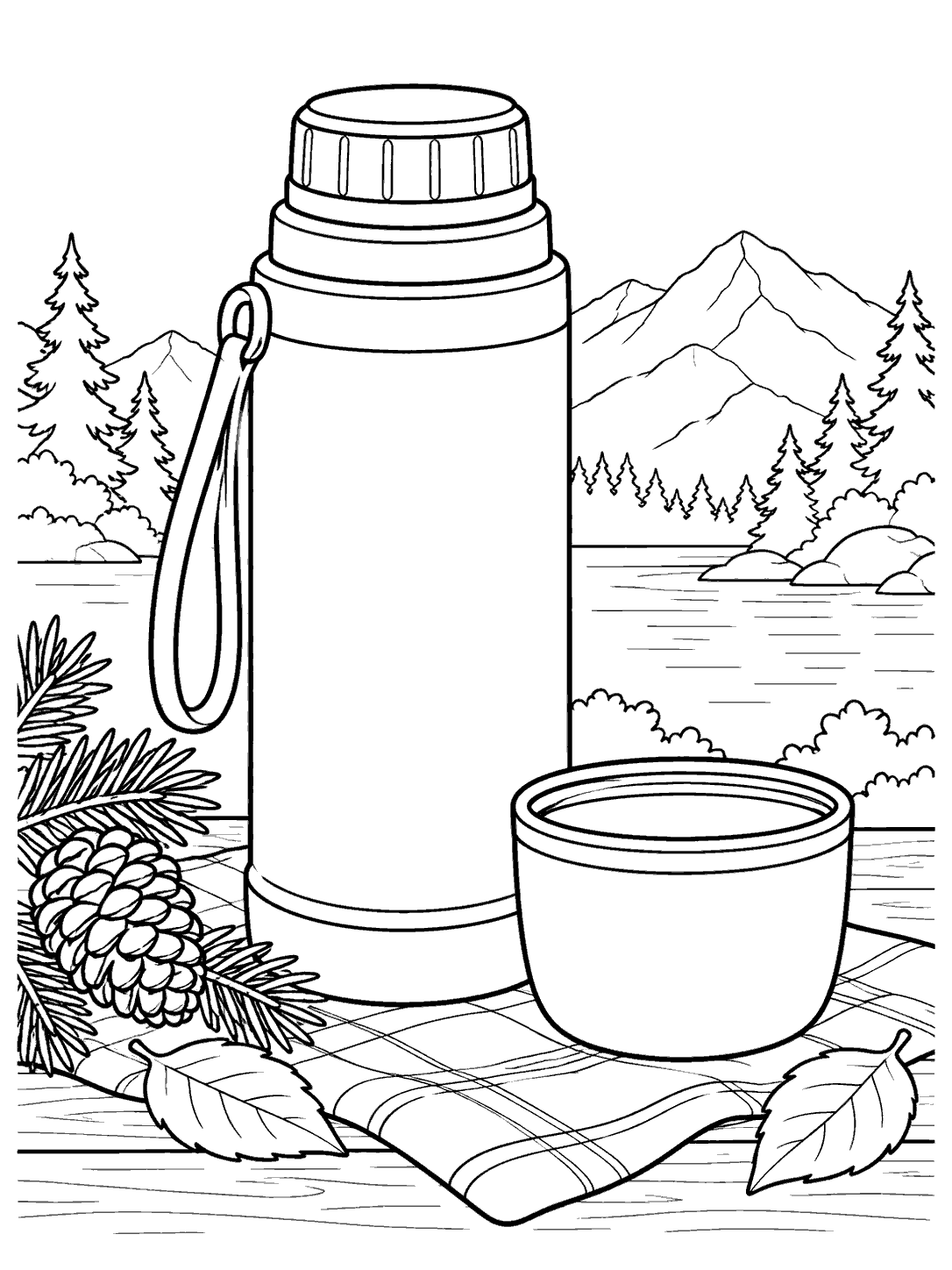 Black-and-white coffee thermos coloring page with a separate cup lid, pinecones, trees, and mountains.