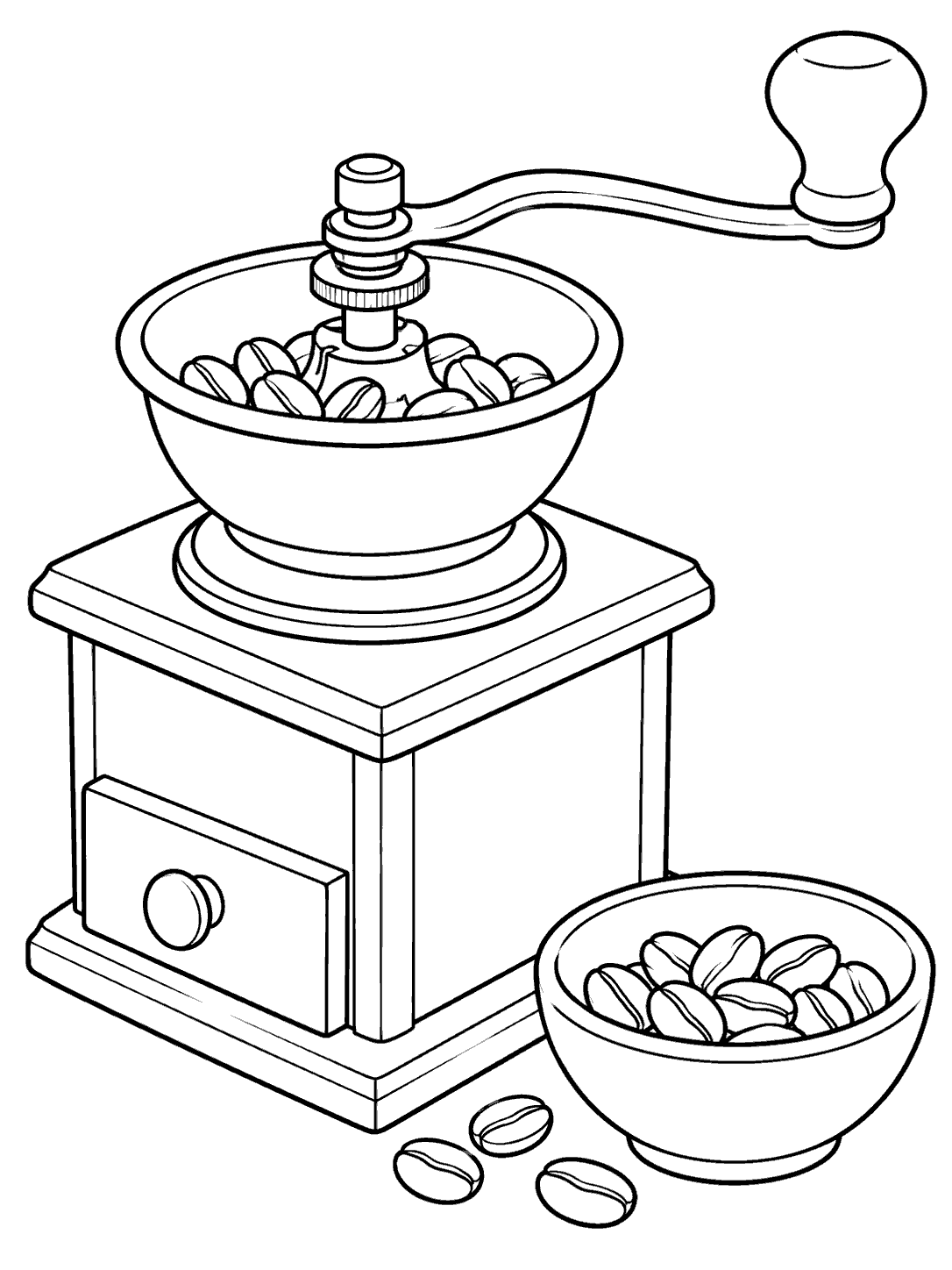 Manual coffee grinder with crank, bowl of beans, and a few loose beans coloring page