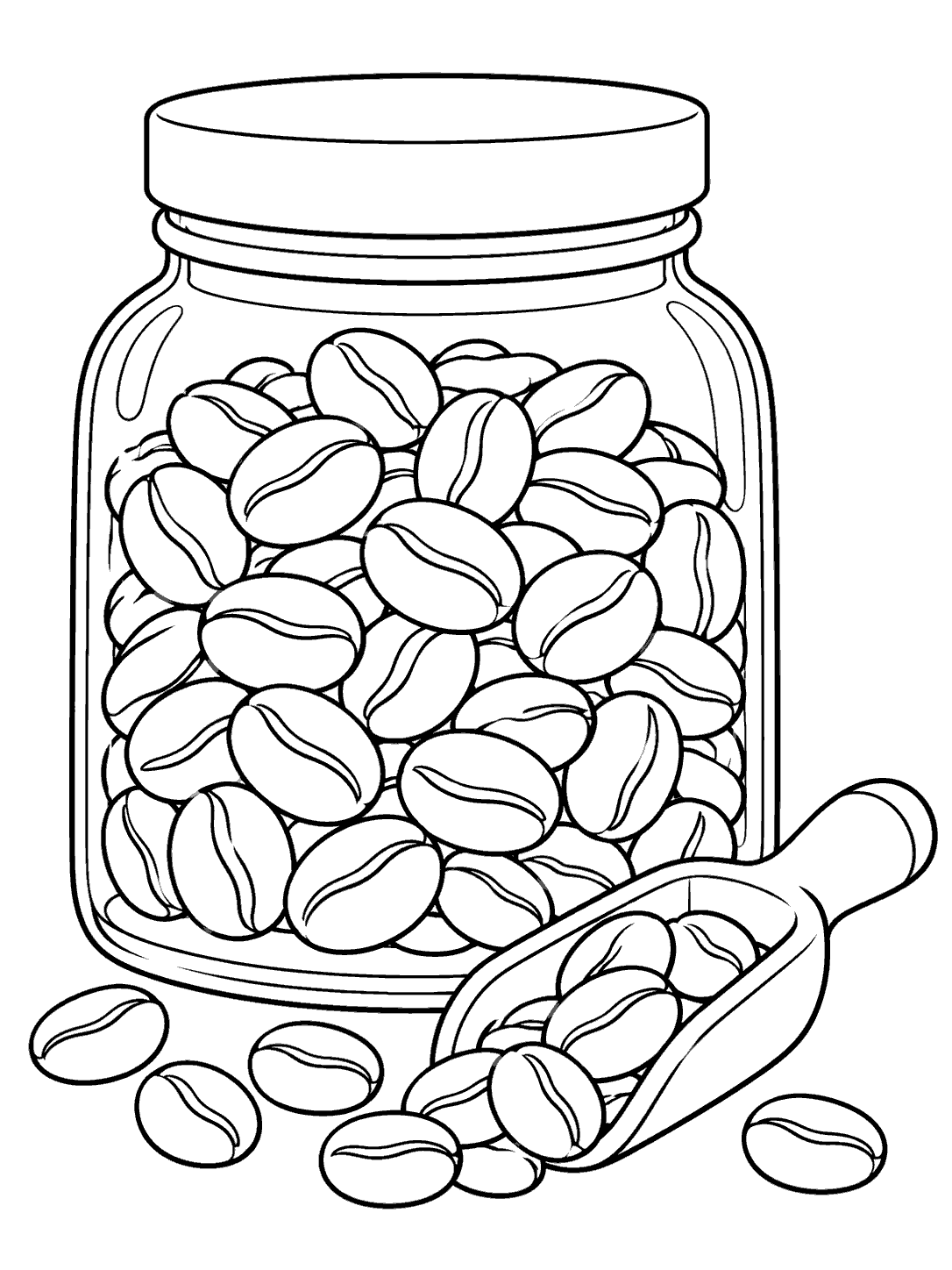 Black-and-white coloring page of a lidded glass jar filled with outlined coffee beans, with a scoop and a few loose beans nearby.