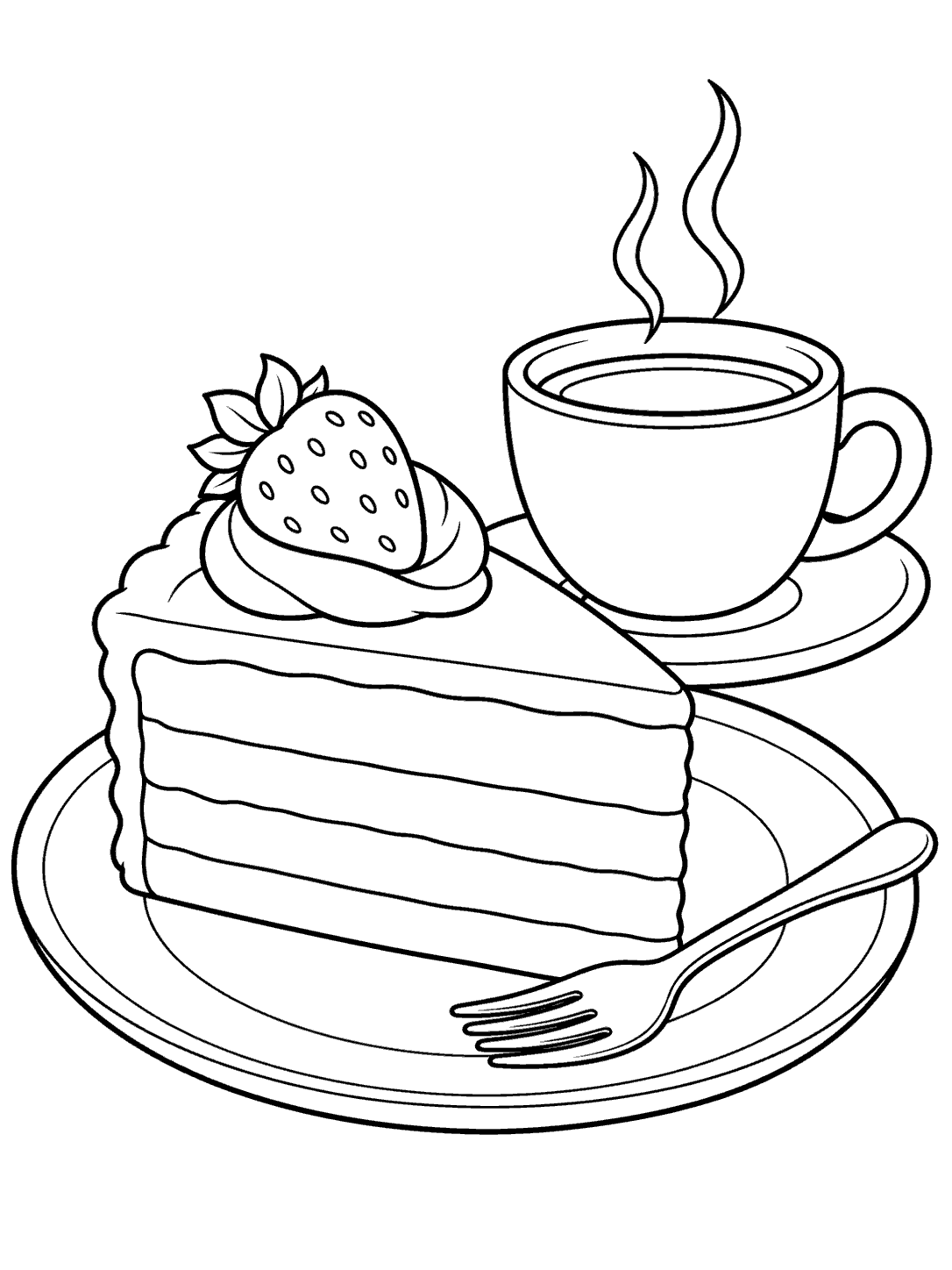 Black outline coloring page of a steaming coffee cup beside a layered cake slice topped with a strawberry, with a fork on the plate.