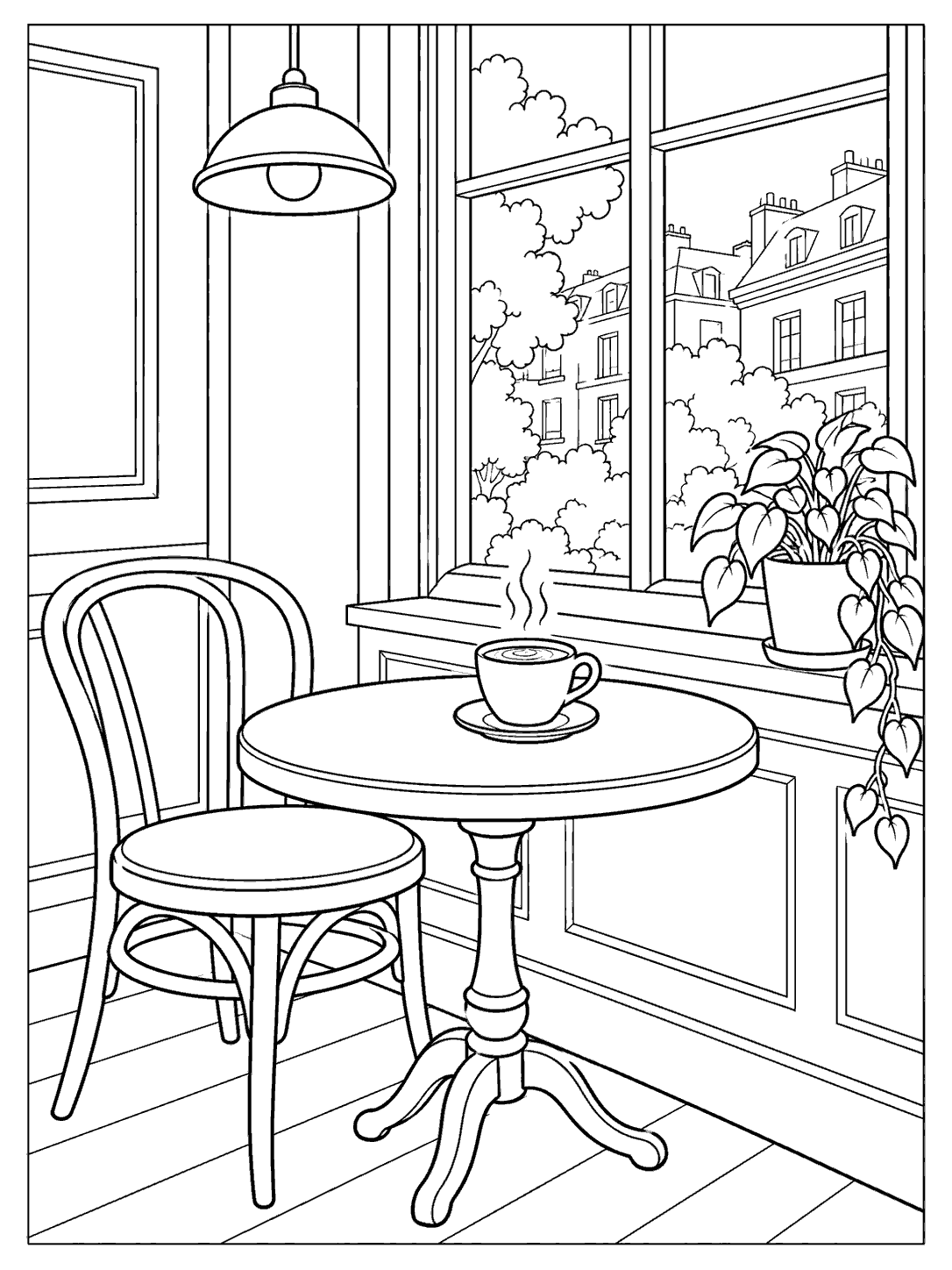 Coffeehouse window, round table, coffee cup, and potted plant coloring page