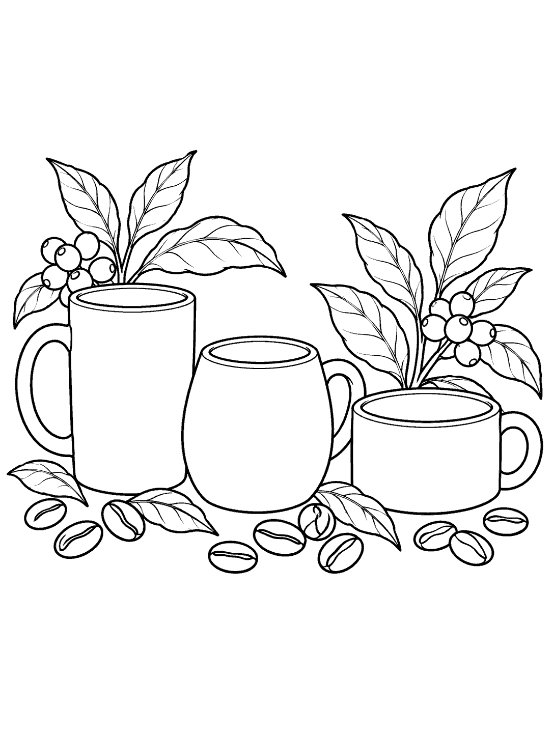Coffee mug coloring page with a tall mug, a rounded mug, and a low wide mug framed by coffee leaves and beans.