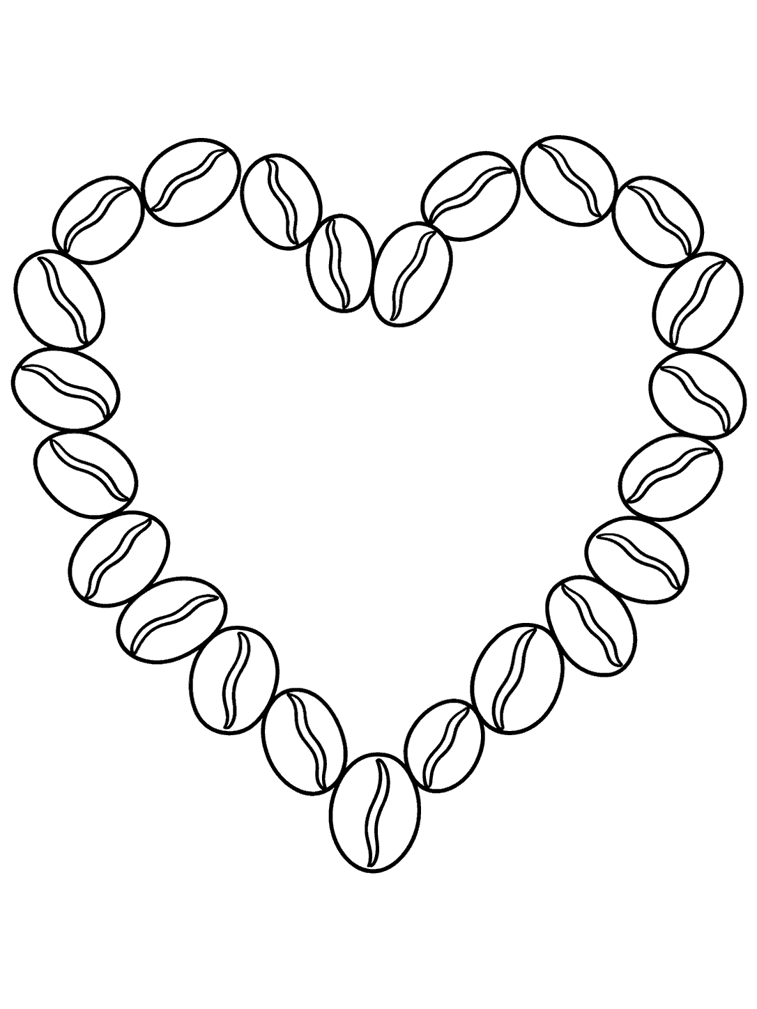 Heart made of individually outlined coffee beans with simple grooves, forming a coloring page.