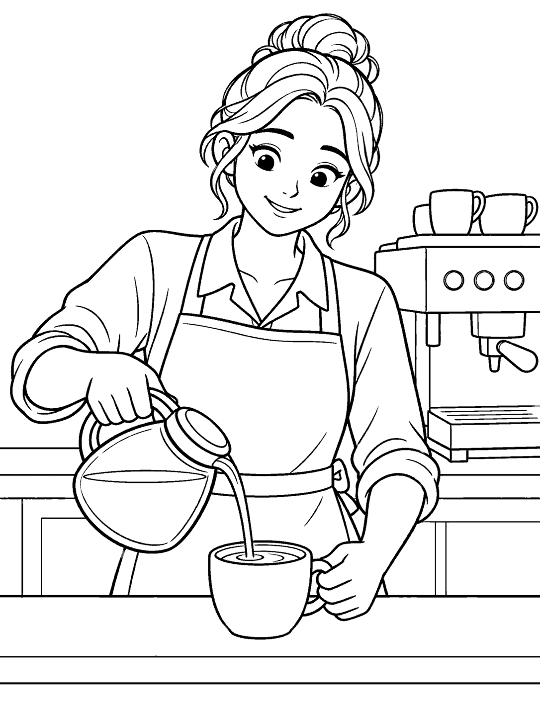 Barista pouring coffee into a cup beside an espresso machine, coloring page