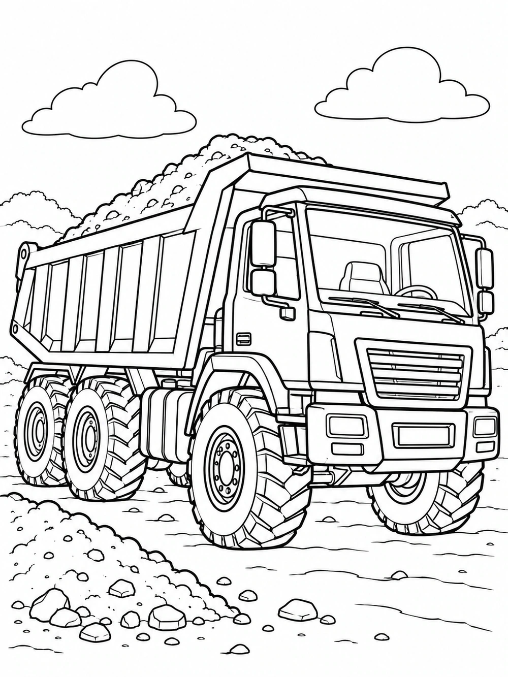 Black-and-white coloring page of a large dump truck carrying dirt, with chunky tires, clouds, and a gravel pile.