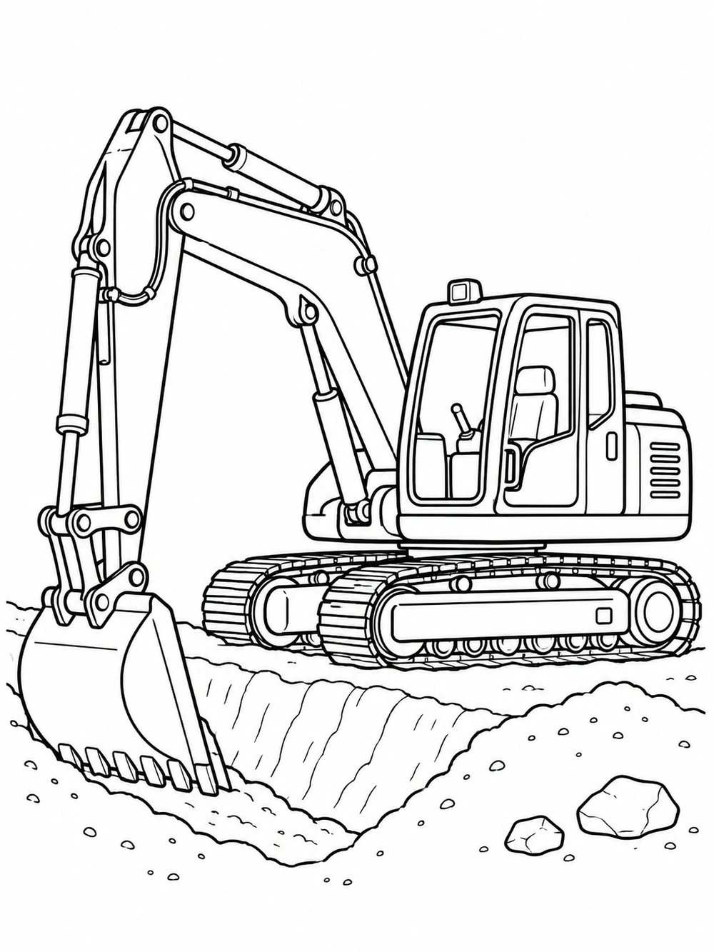 Black-and-white coloring page of a tracked excavator with its bucket lowered into a trench, beside two stones.
