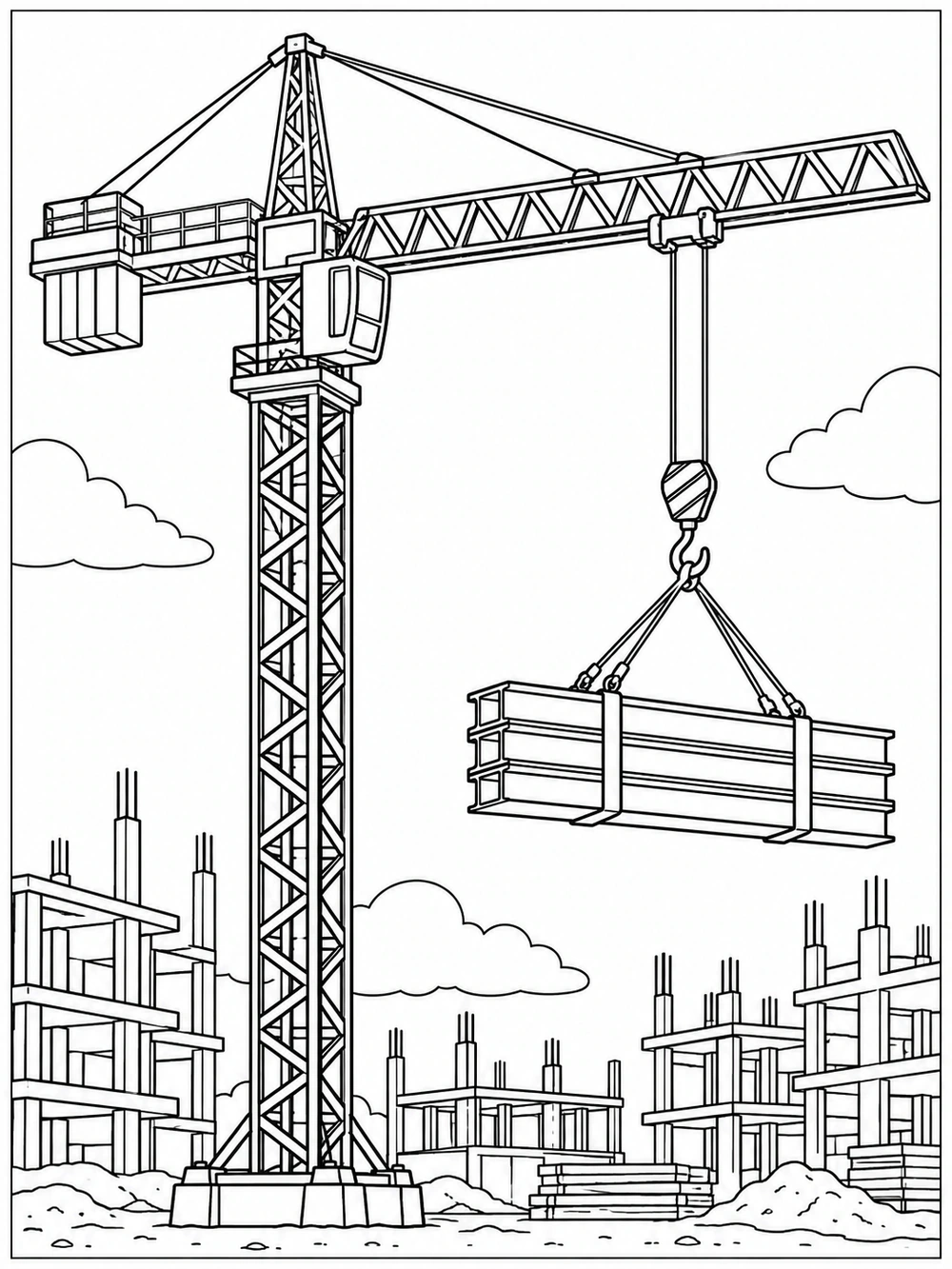 Black and white coloring page of a tall tower crane lifting bundled beams over unfinished buildings.