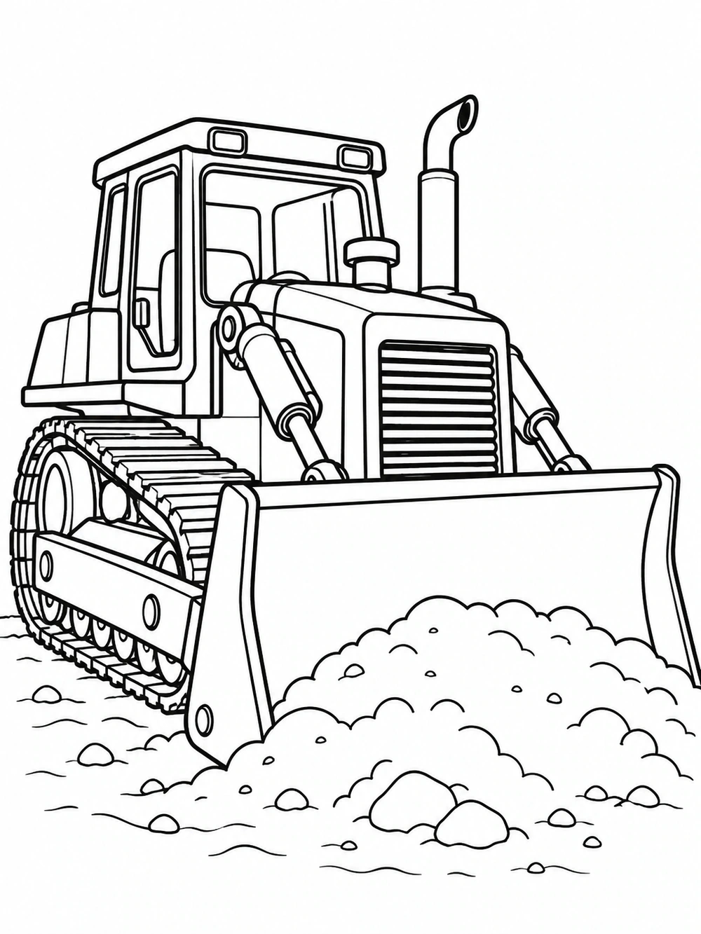 Black-outline bulldozer with visible tracks, cab, and exhaust pipe pushing a mound of earth.