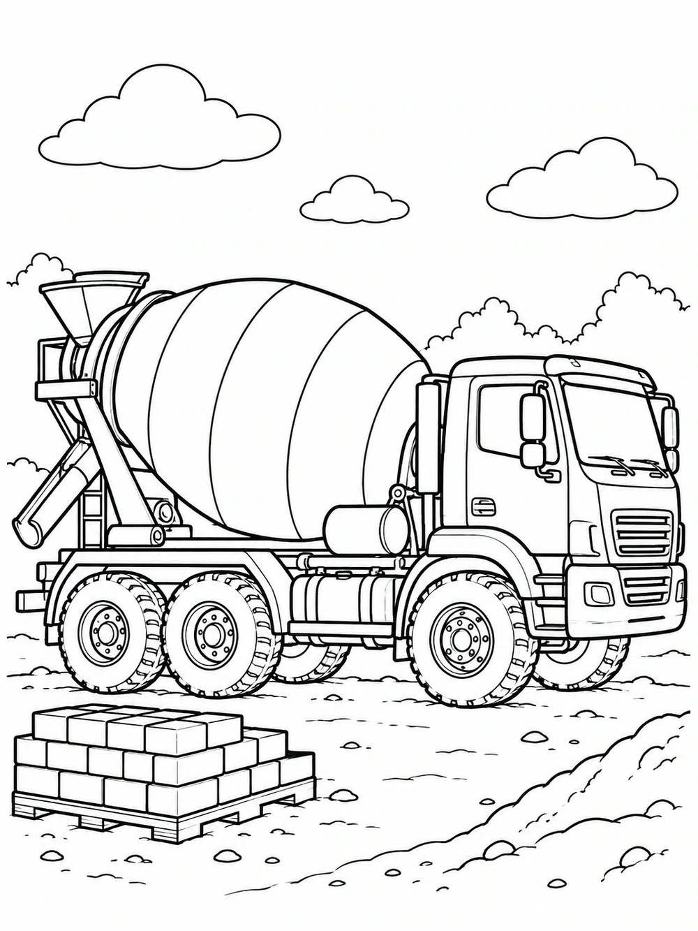 Detailed concrete mixer truck with large wheels, drum, chute, and a stack of bricks on a clean black and white coloring page.