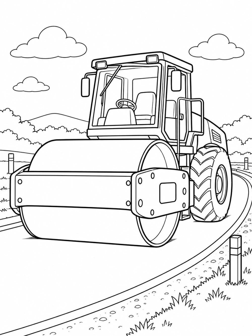 Front three-quarter view of a road roller with a broad steel drum, rear tire, cab, and handrail on a curved road with edge markers.