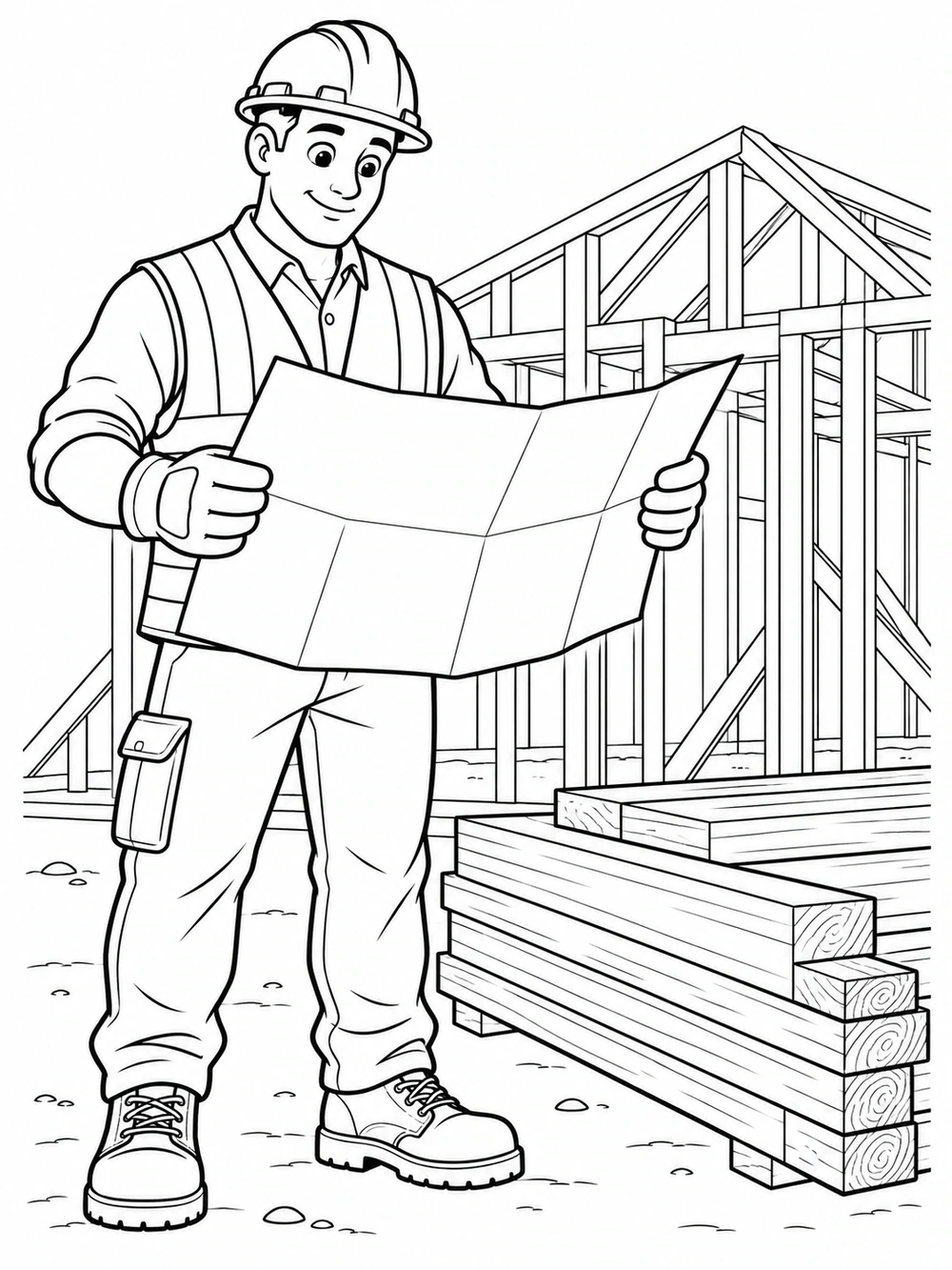 Smiling construction worker in a hard hat holding an unfolded plan beside stacked lumber.