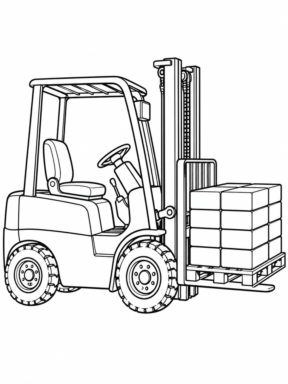 Side-view construction forklift carrying a pallet stacked with twelve outlined building blocks.