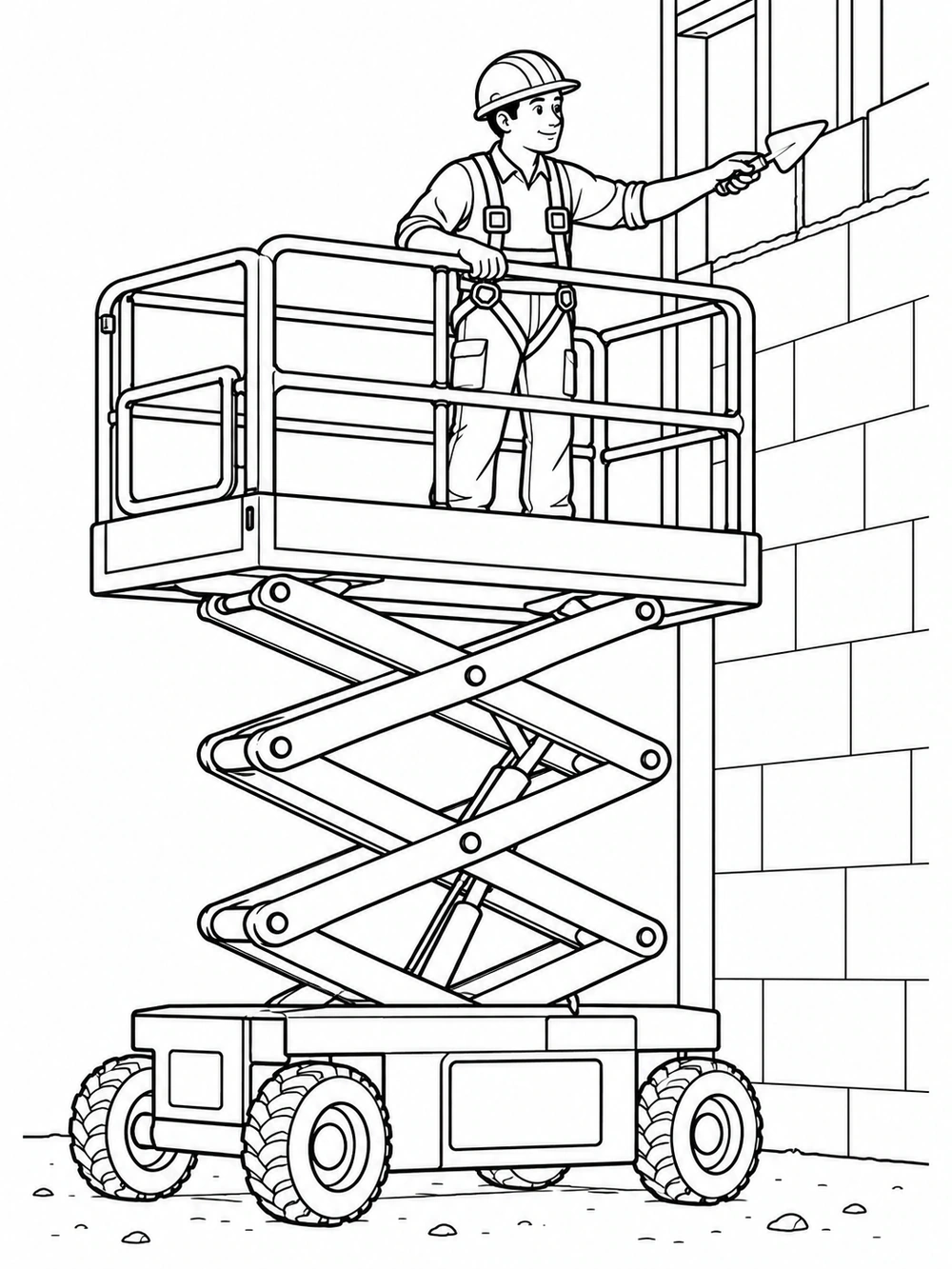 Hard-hat worker on a raised scissor lift beside an unfinished wall