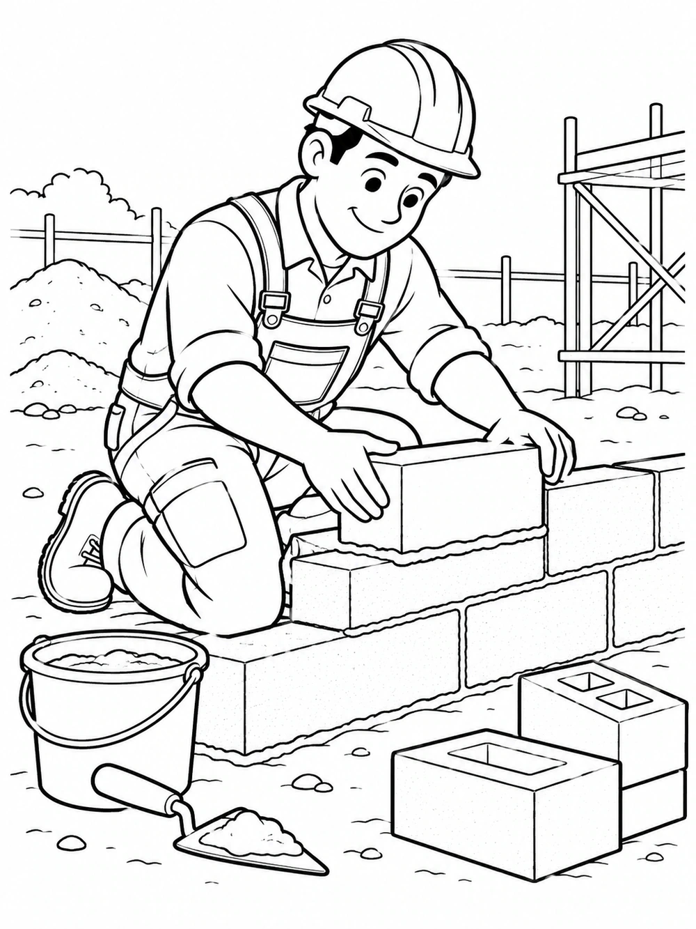 A construction worker kneels beside a partially built block wall, with a trowel, bucket, and spare concrete blocks nearby.