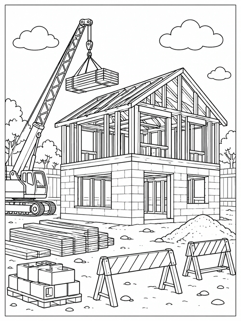 Portrait coloring page showing a timber-framed two-story house under construction, with a crane lifting materials, lumber stacks, blocks, and two safety barriers in front.