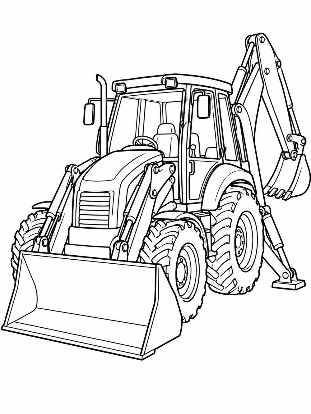 Backhoe loader in three-quarter view with a wide front bucket, raised rear digging arm, cab, tires, and stabilizer legs.