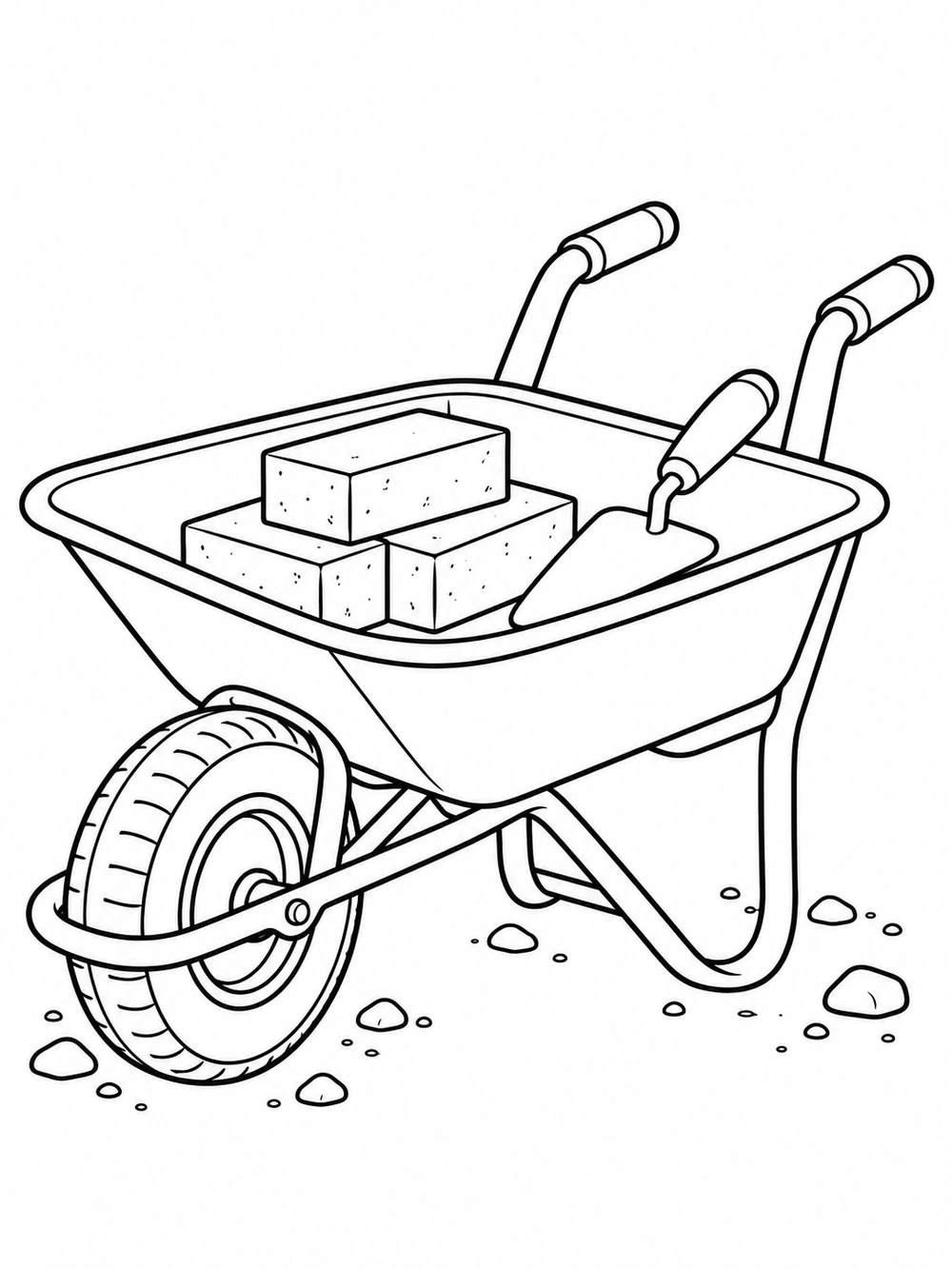 A black-and-white wheelbarrow coloring page with three bricks, a hand trowel, one wheel, and scattered pebbles.