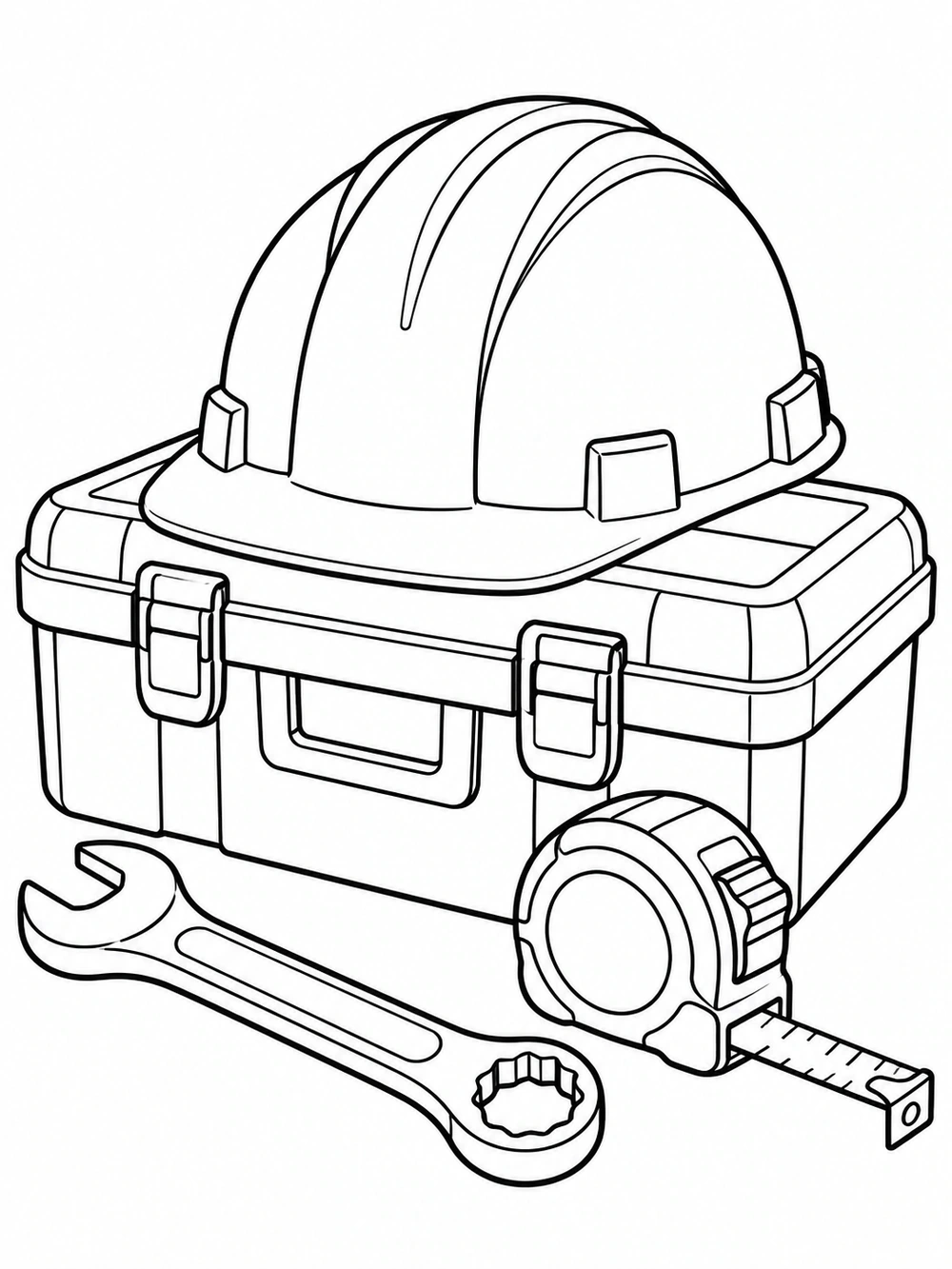 Black line art of a construction hard hat resting on a closed toolbox, with a wrench and measuring tape beside it.